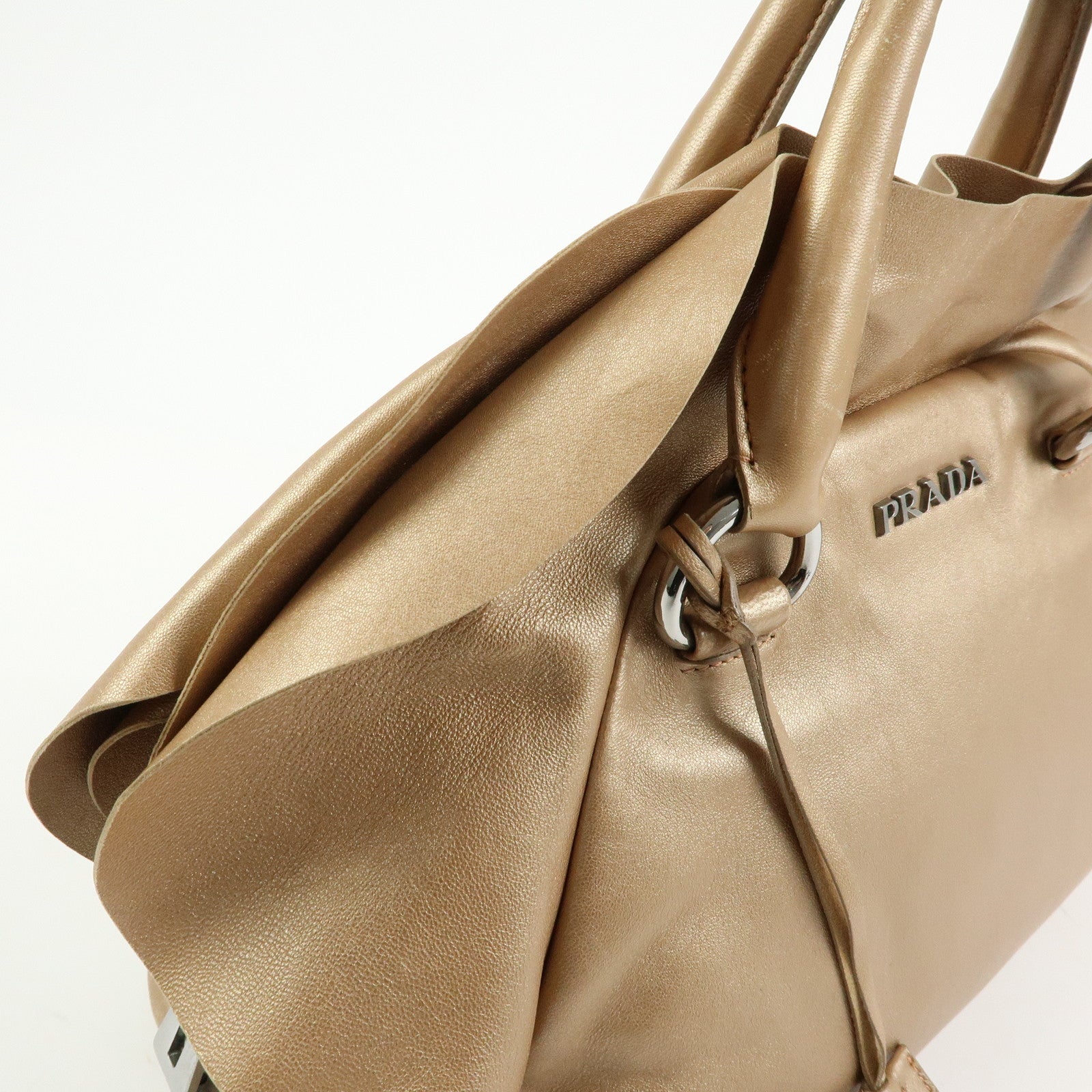 PRADA Frilled Leather Tote Bag Hand Bag Champagne Gold