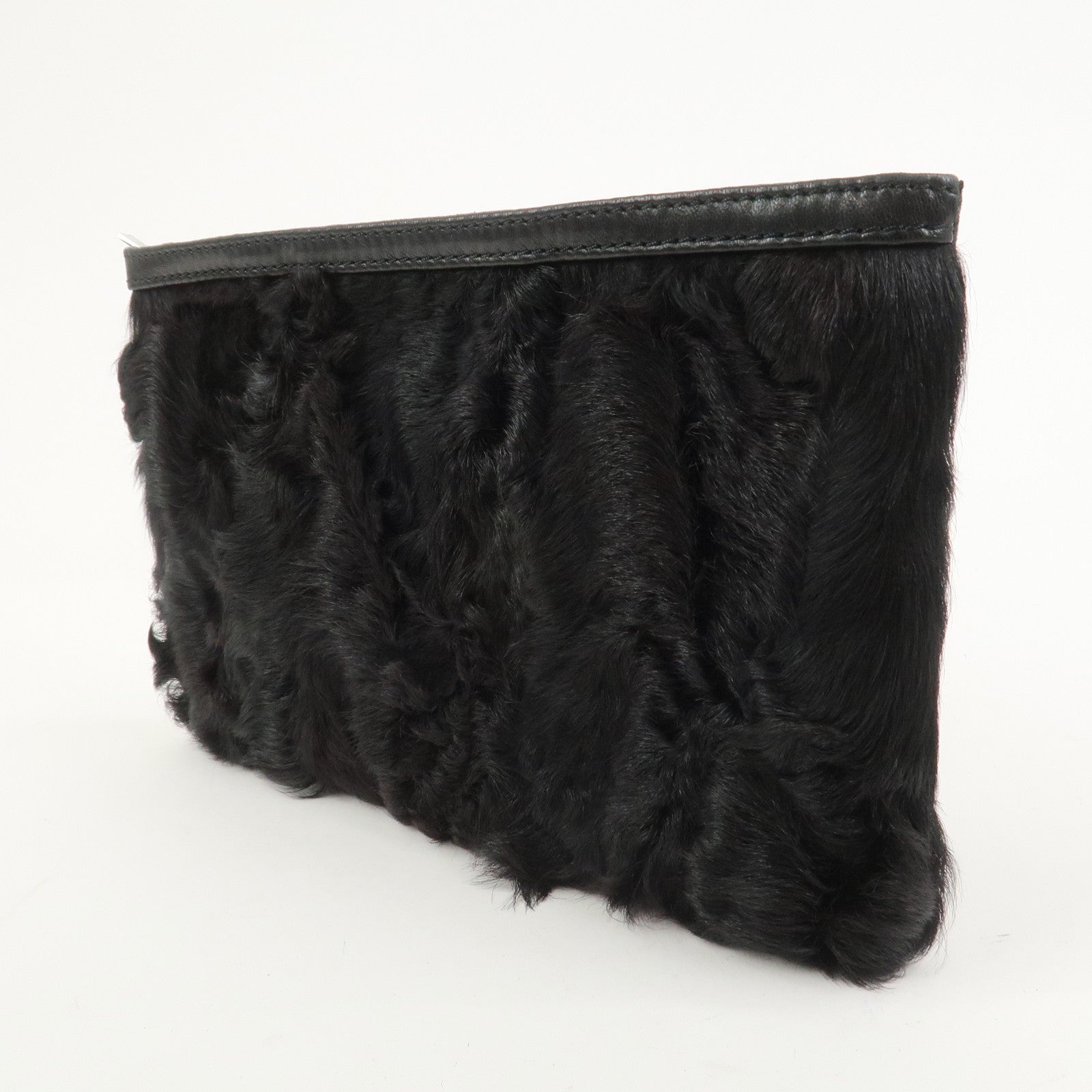 LOEWE Logo Fur Leather Cosmetic Pouch Black