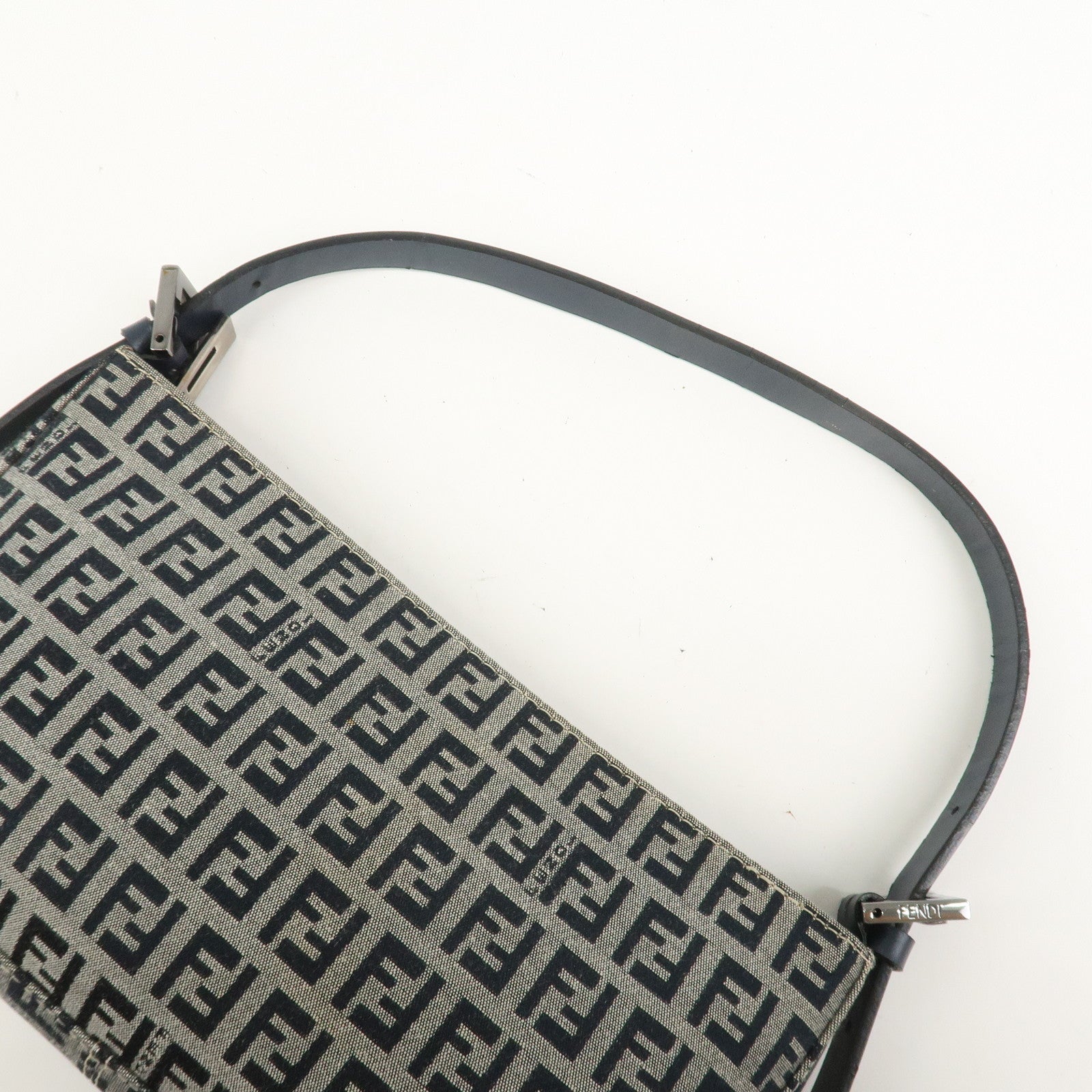 FENDI Zucchino Canvas Leather Shoulder Bag Hand Bag Navy 8BR042