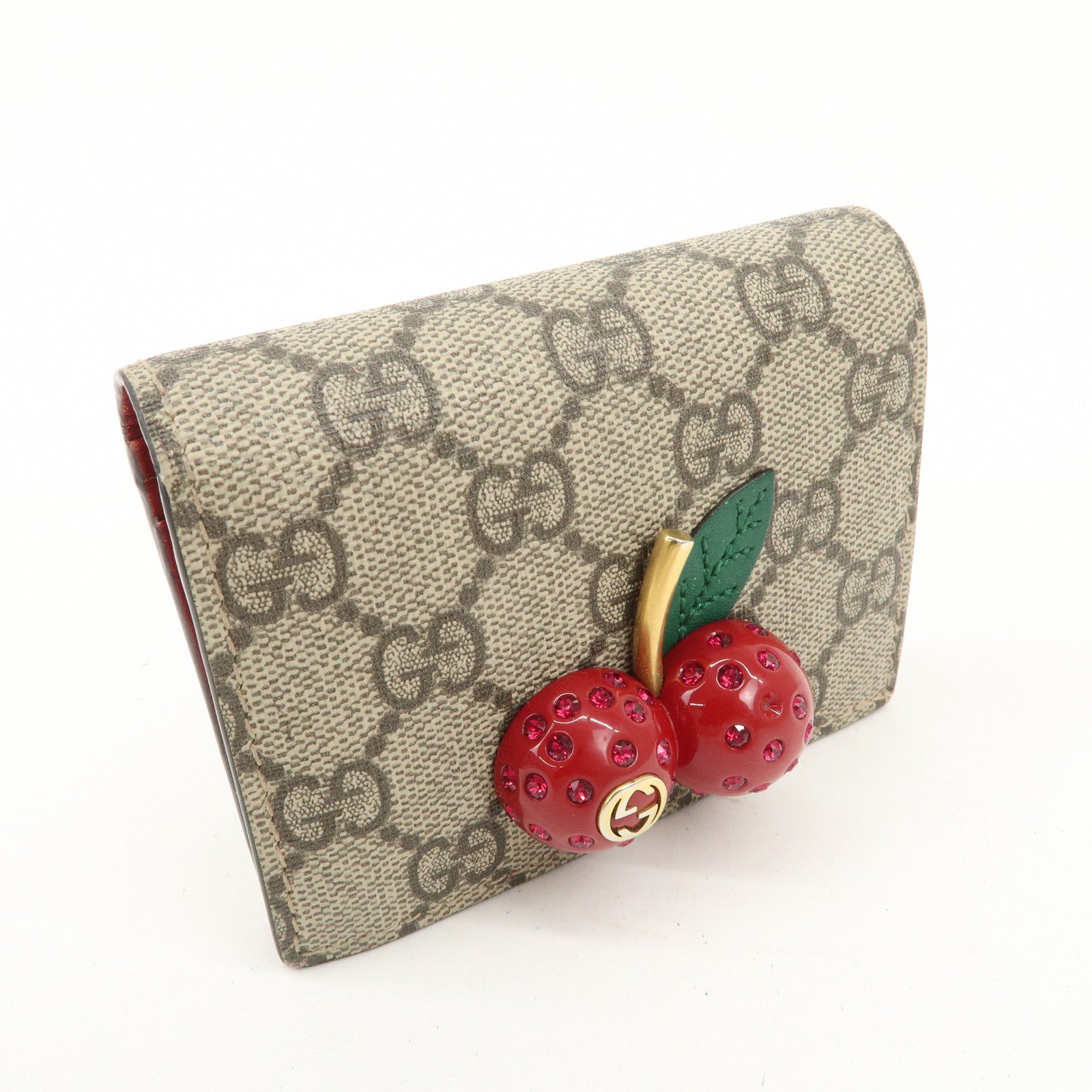 GUCCI Interlocking G GG Supreme Cherry Compact Wallet Beige Red 476050 Used