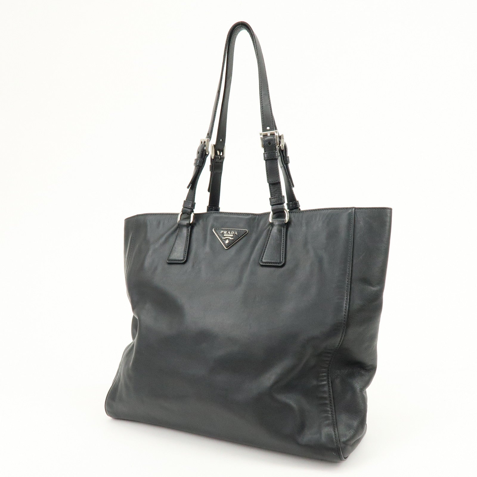 PRADA Triangle Logo Leather Tote Bag Shoulder Bag Black BR5033