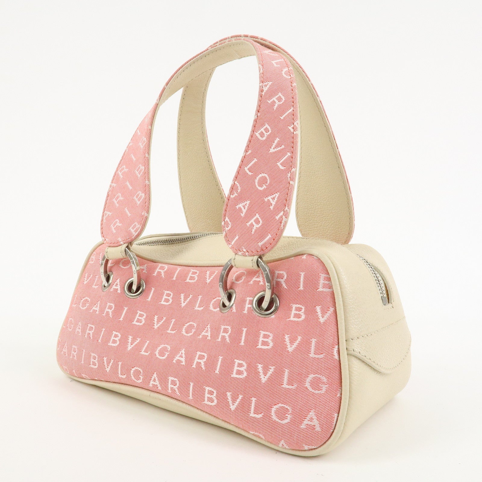 BVLGARI Logo Mania Canvas Leather Hand Bag Pink Ivory
