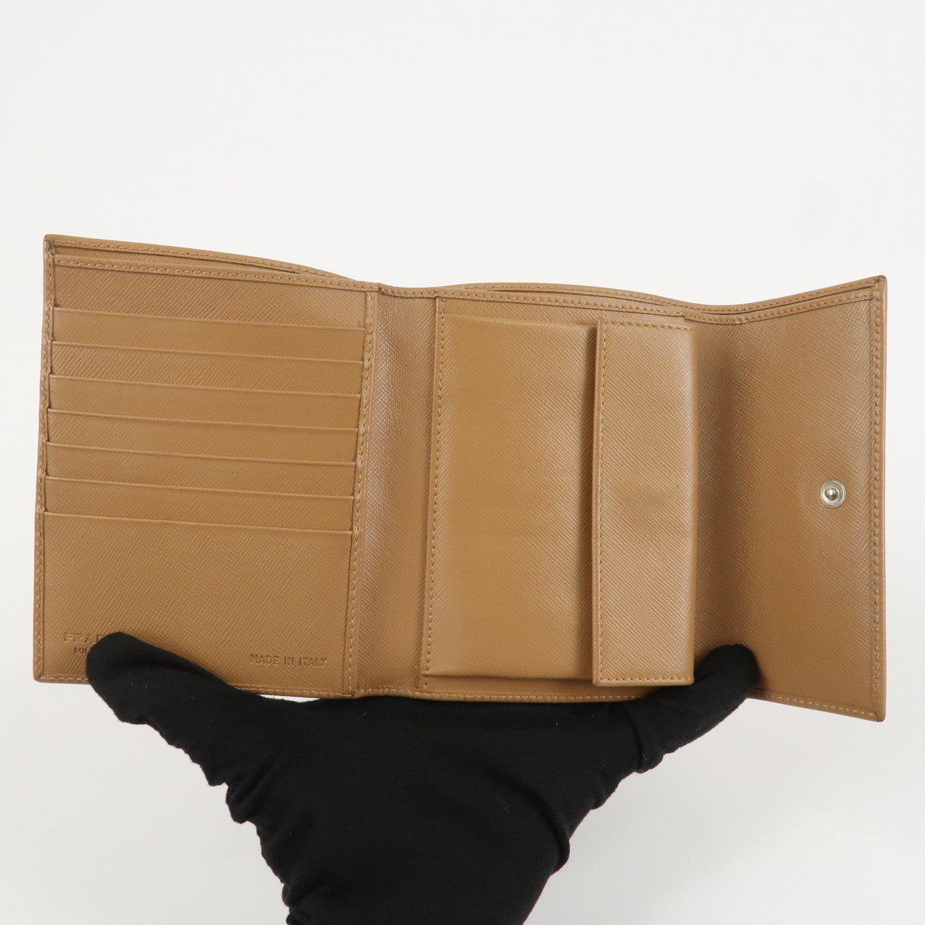 PRADA Triangle Logo Saffiano Leather Trifold Wallet Brown Used