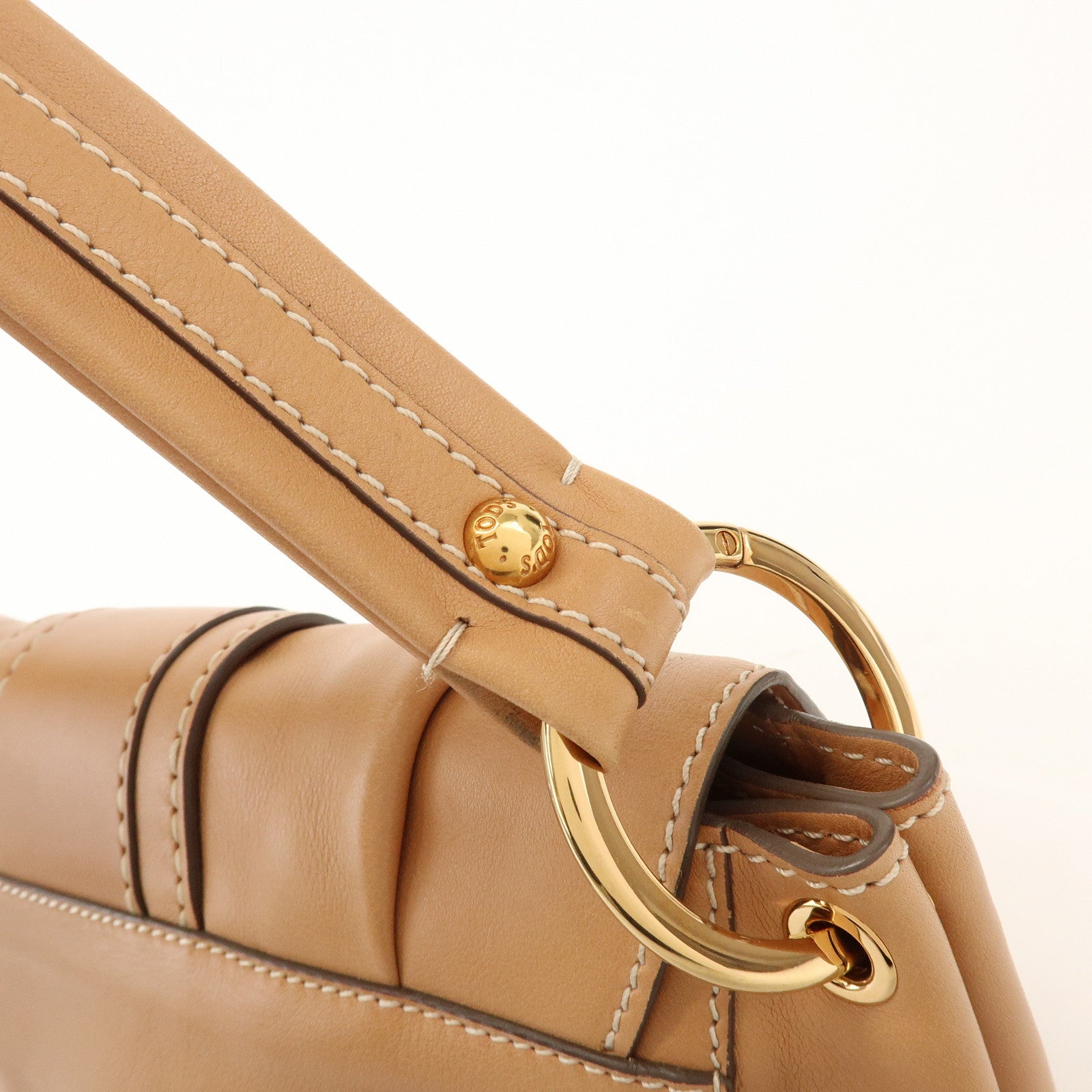 TOD'S Leather Hand Bag Shoulder Bag Circle Lock Light Brown