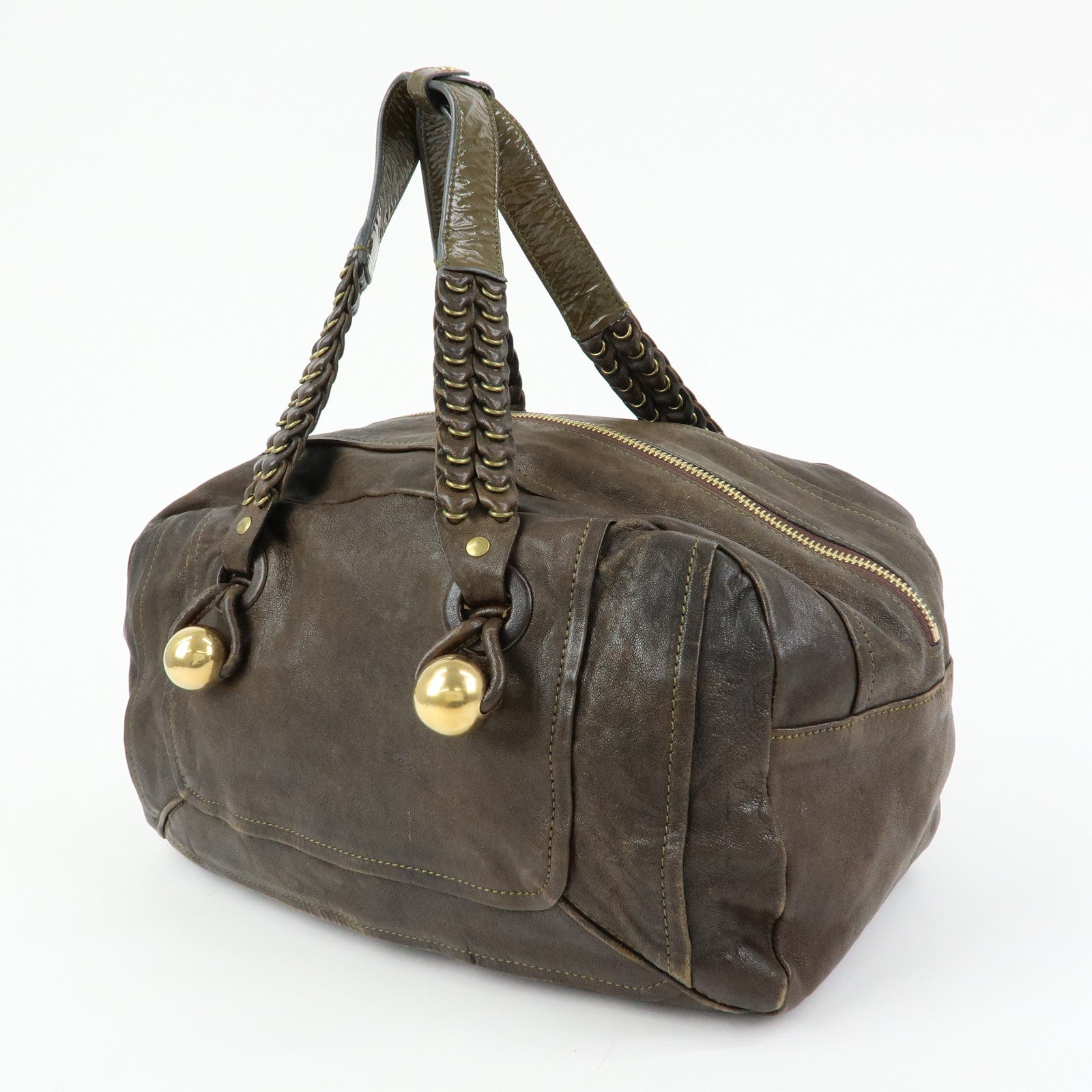 Chloe Leather Patent Leather Boston Bag Shoulder Bag Dark Brown