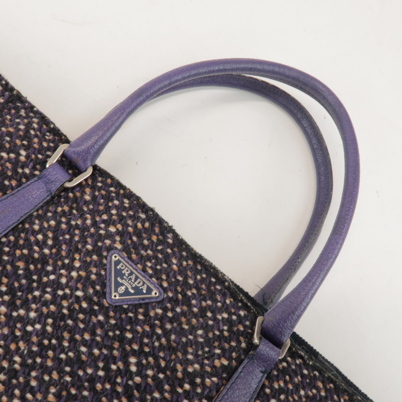 PRADA Triangle Logo Wool Leather Tote Bag Hand Bag Purple