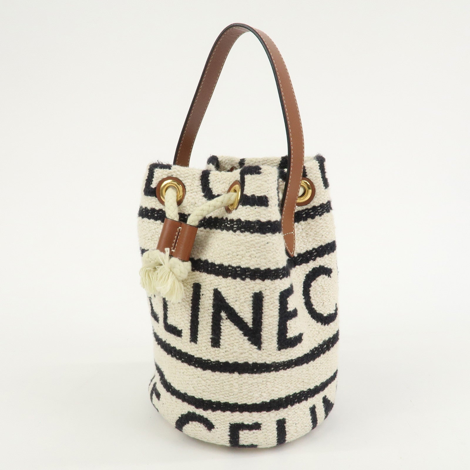 CELINE Teen Drawstring Canvas Leather Hand Bag Natural Brown