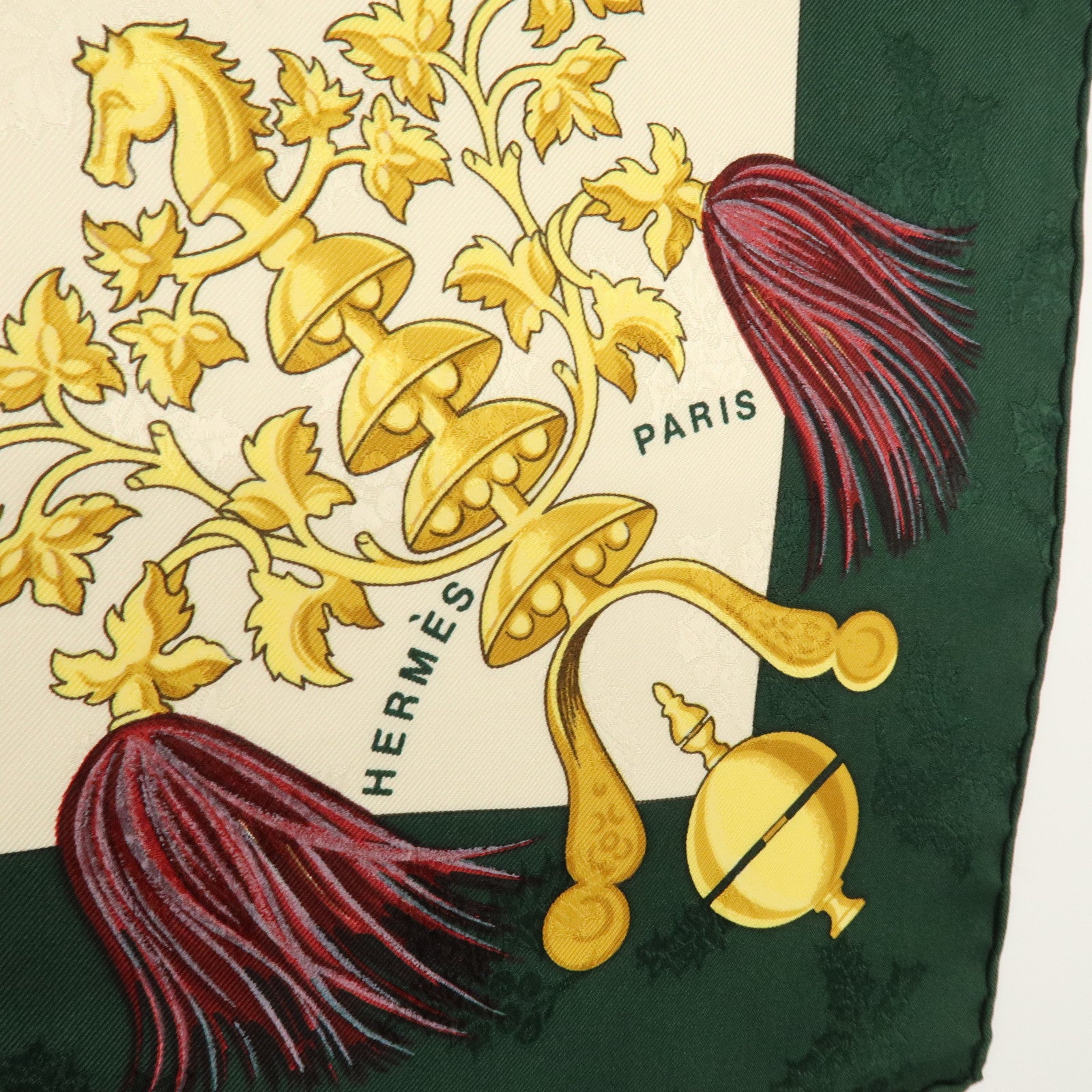 HERMES Carre 90 100% Silk Scarf Plumes et Grelots Moss Green Beige