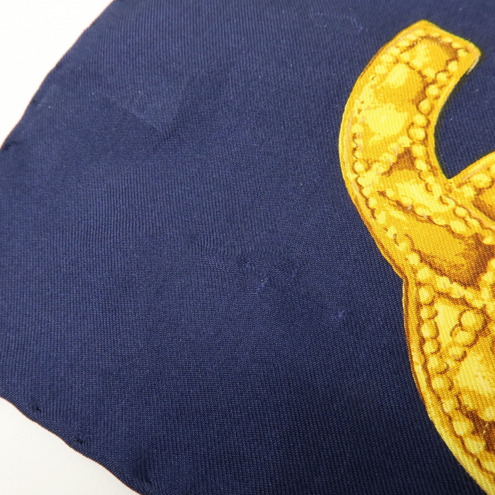 CHANEL Silk 100% Scarf COCO Mark Chain Motif Navy Gold