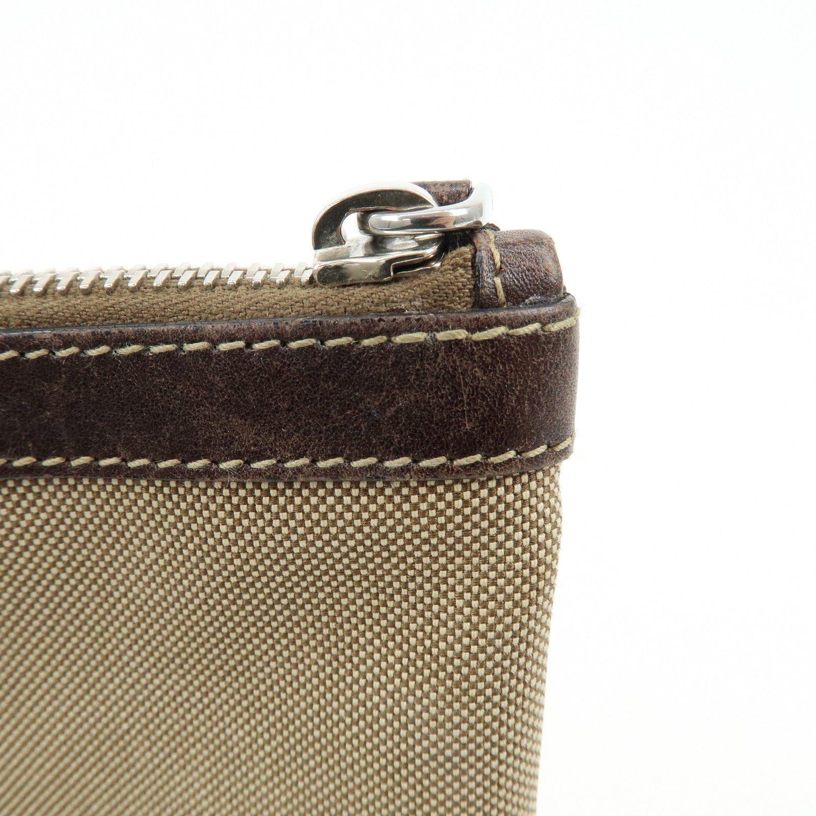 PRADA Logo Jacquard Canvas Leather Clutch Bag Pouch Khaki