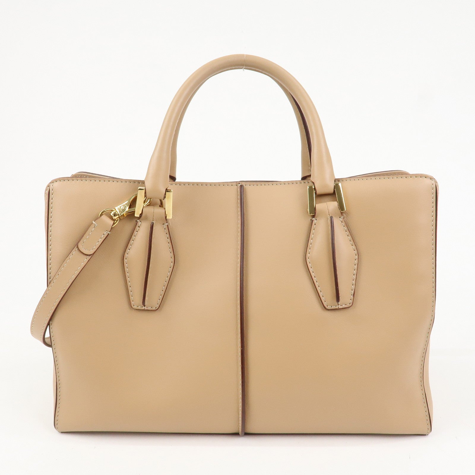 TOD’S Leather 2Way Bag Hand Bag Shoulder Bag Beige Gold