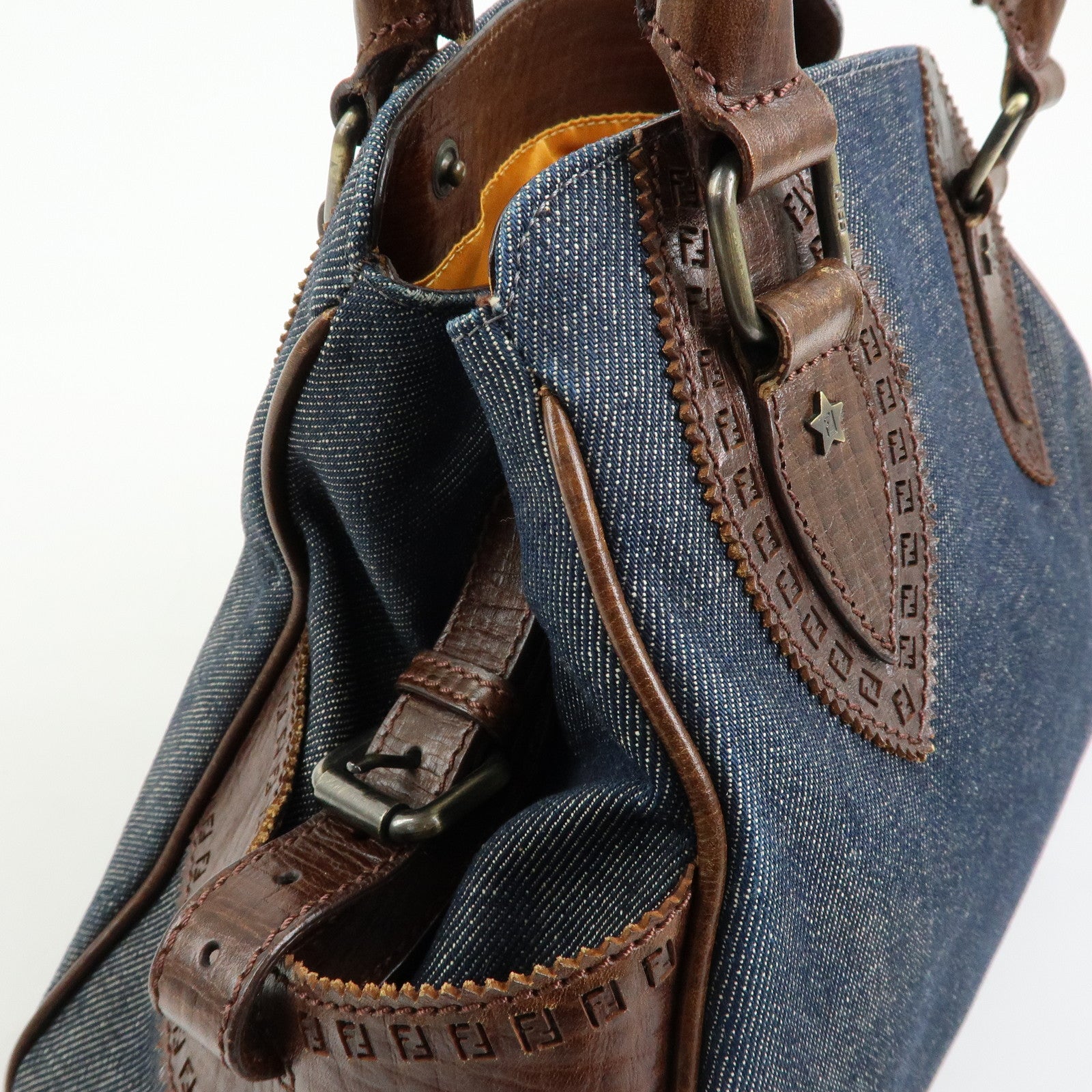 FENDI Etnico Denim Leather Tote Bag Shoulder Bag Blue Brown 8BN157