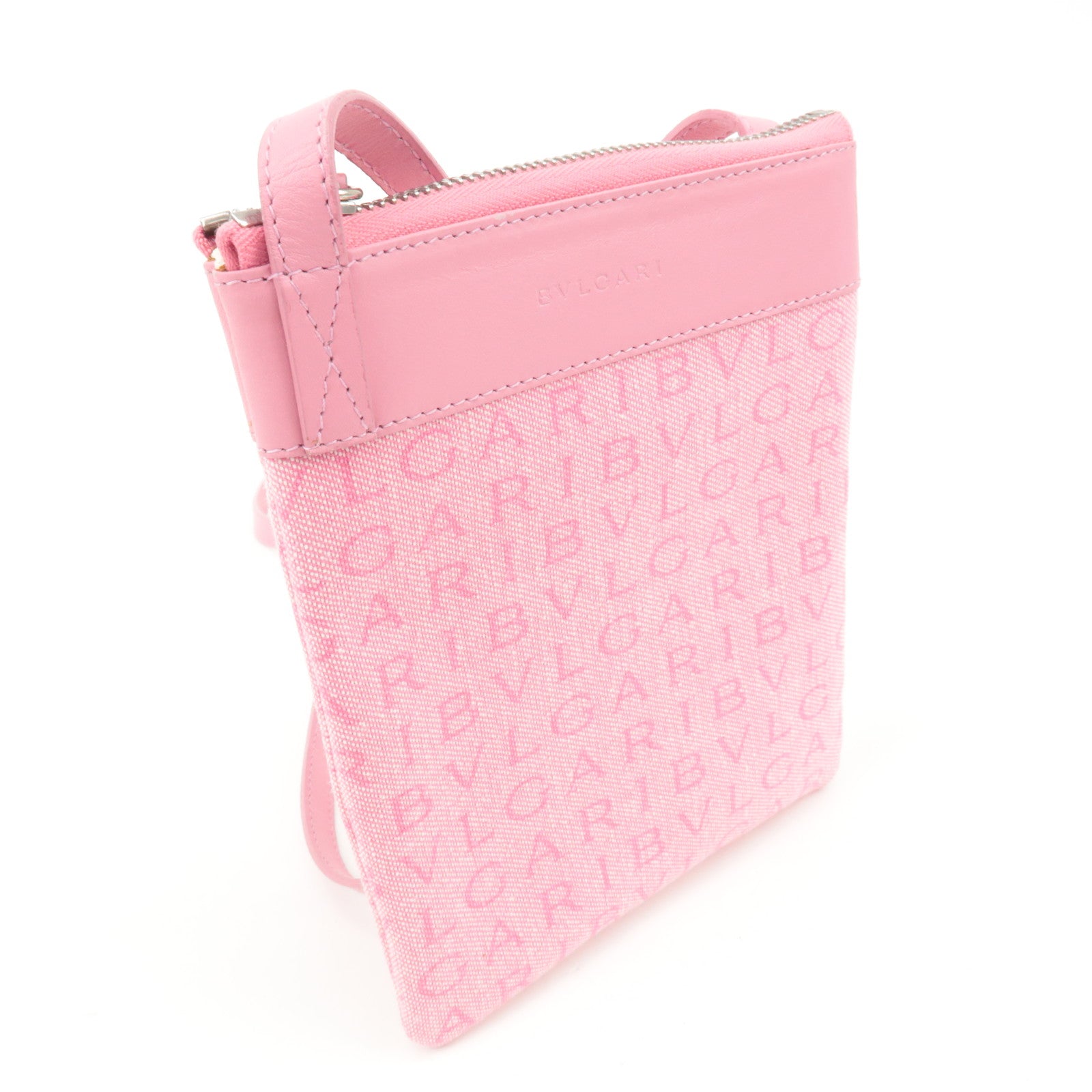 BVLGARI Logo Mania Leather Canvas Shoulder Bag Crossbody Bag Pink Used