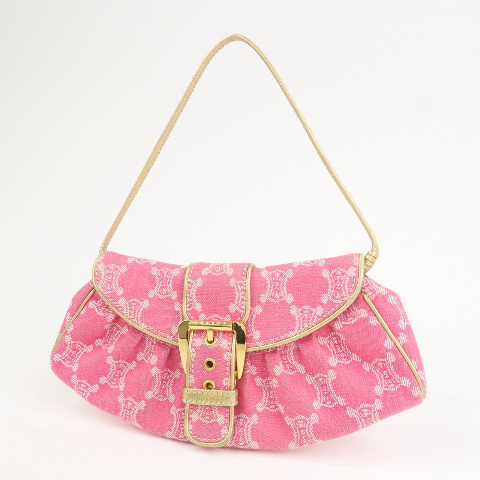 CELINE Triomphe Leather Canvas Shoulder Bag Hand Bag Pink Gold