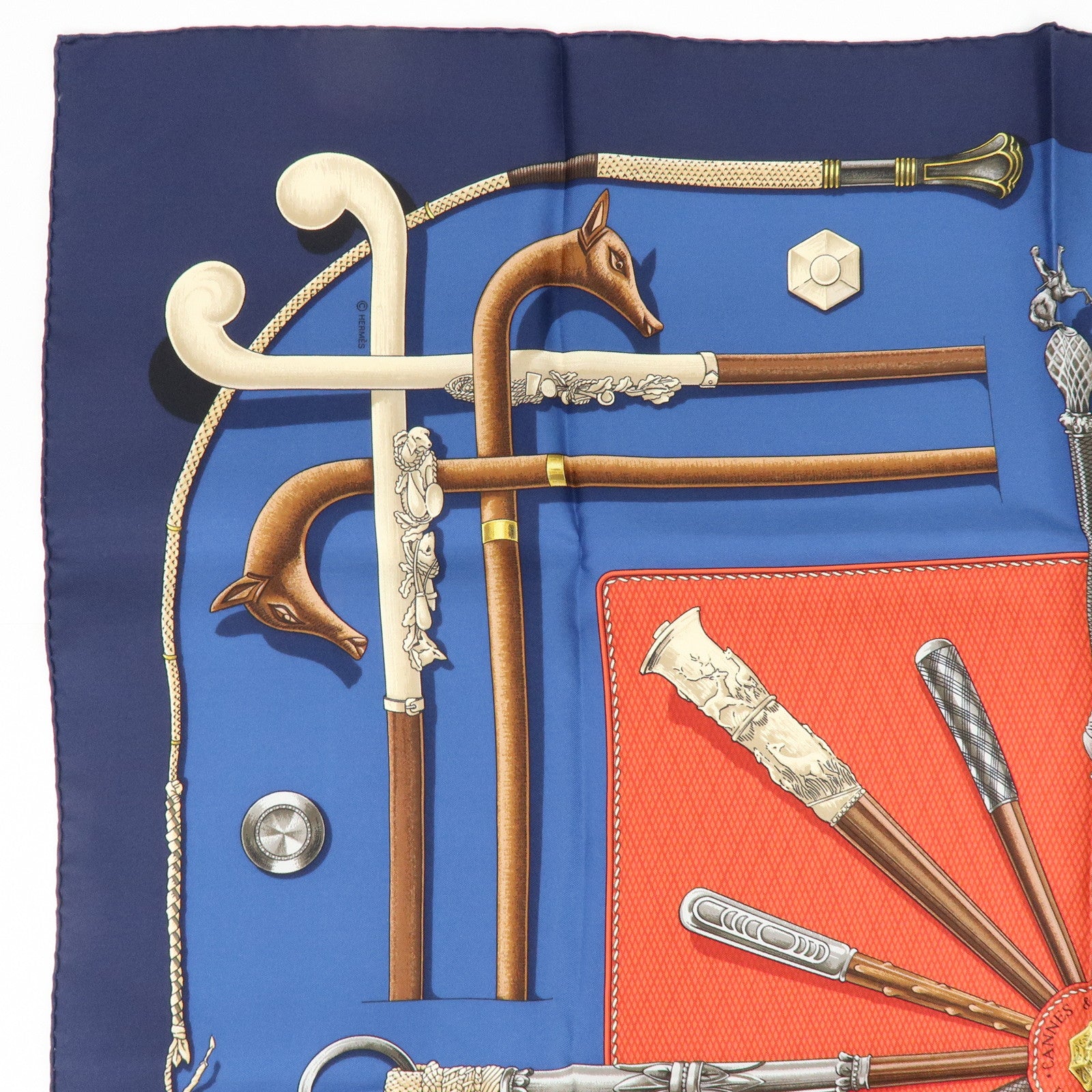 HERMES Carre 90 Silk 100% Scarf CANNES ET POMMEAUX Navy Brown
