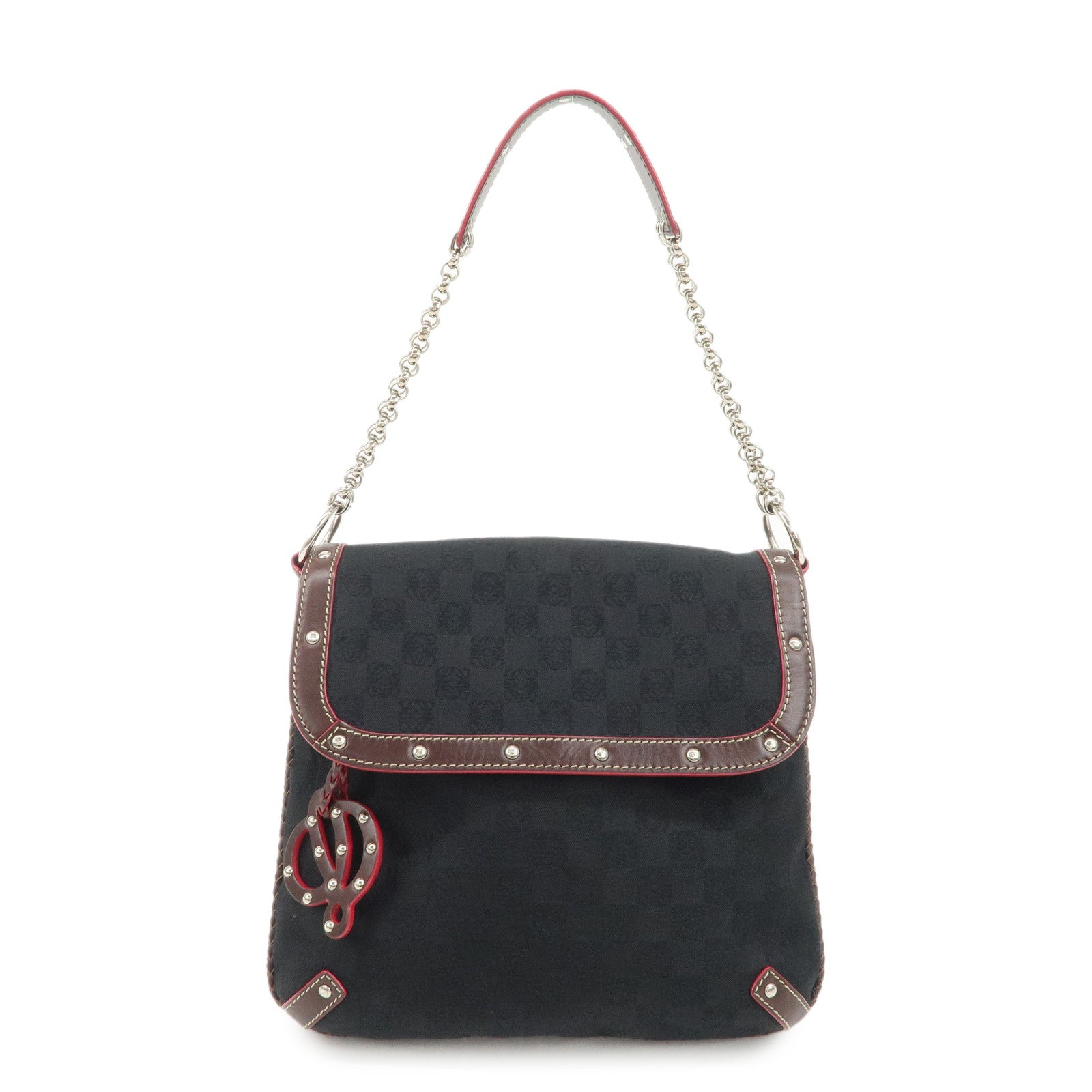 LOEWE Anagram Leather Canvas Chain Shoulder Bag Black Brown