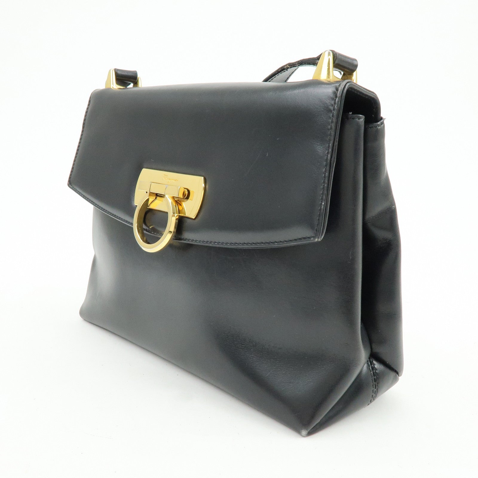 Ferragamo Gancini Leather Shoulder Bag Crossbody Bag Black
