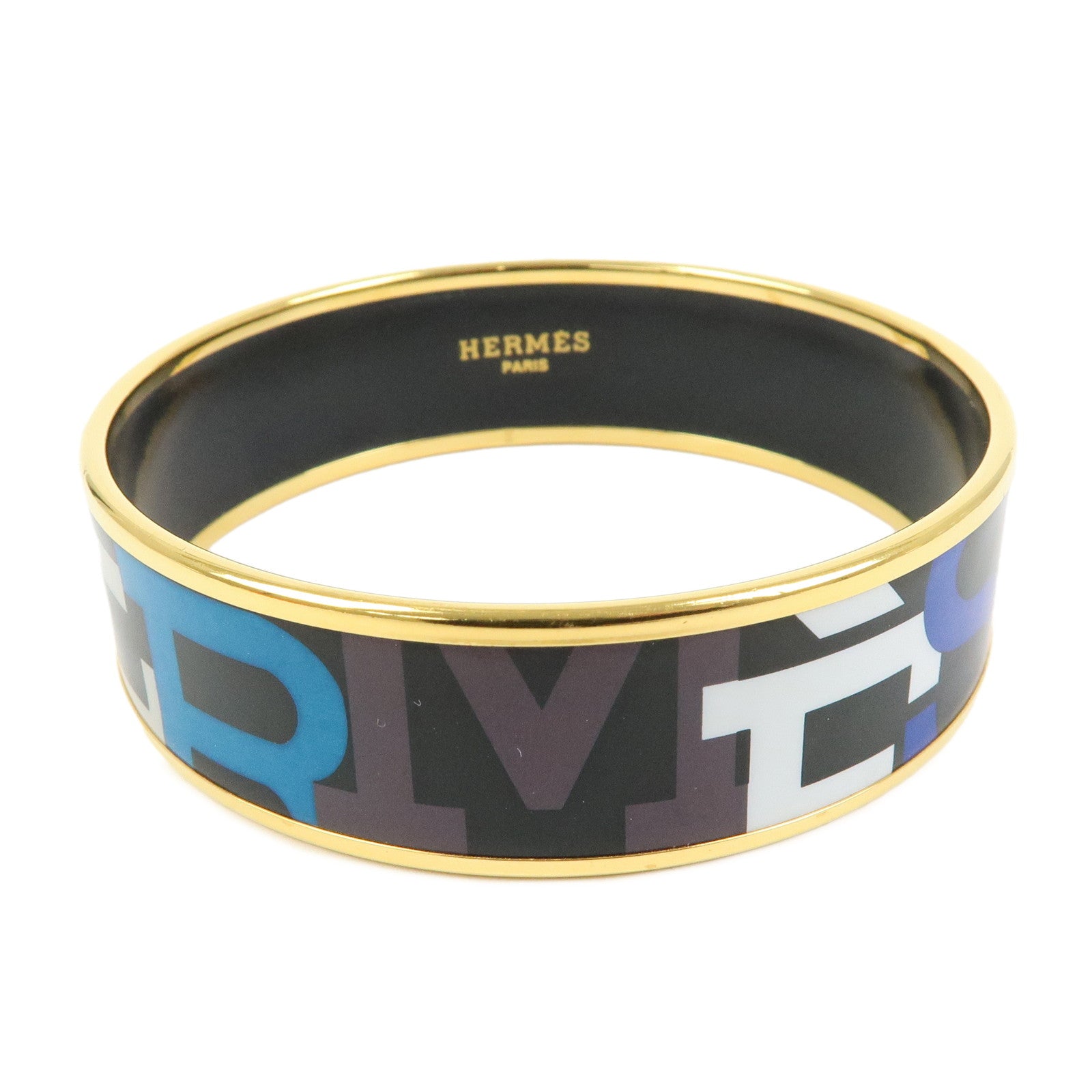 HERMES Email GM Gold Plated Bangle Bracelet Black Multicolor