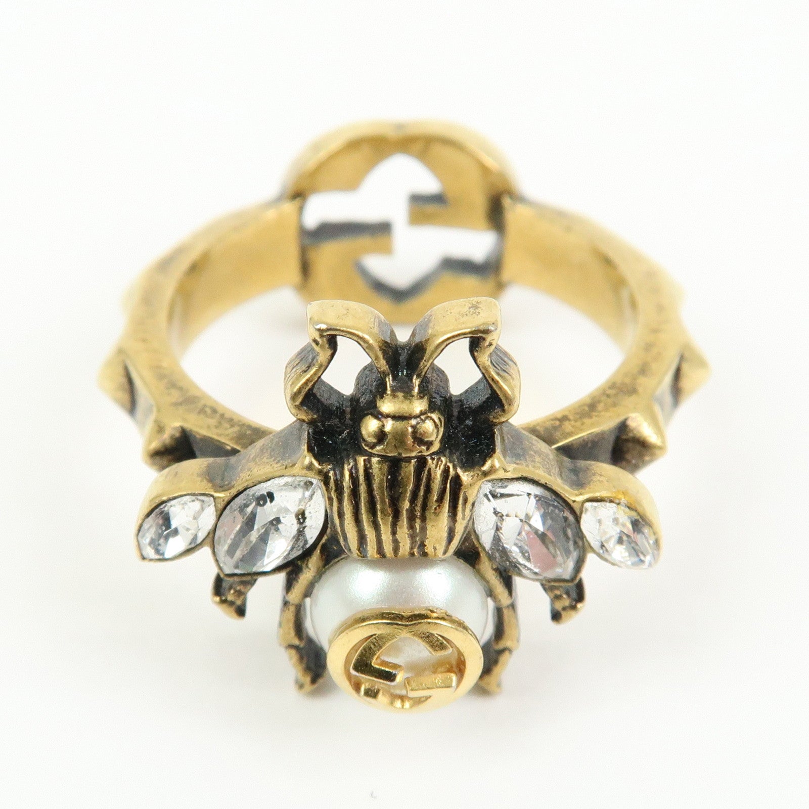 GUCCI Metal Strass Pearl Ring Bee Motif Gold #53 US6.5