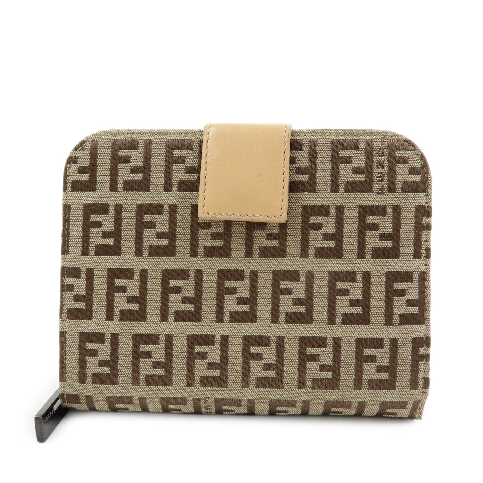 FENDI Zucchino Canvas Leather Compact Wallet Beige 8M0018
