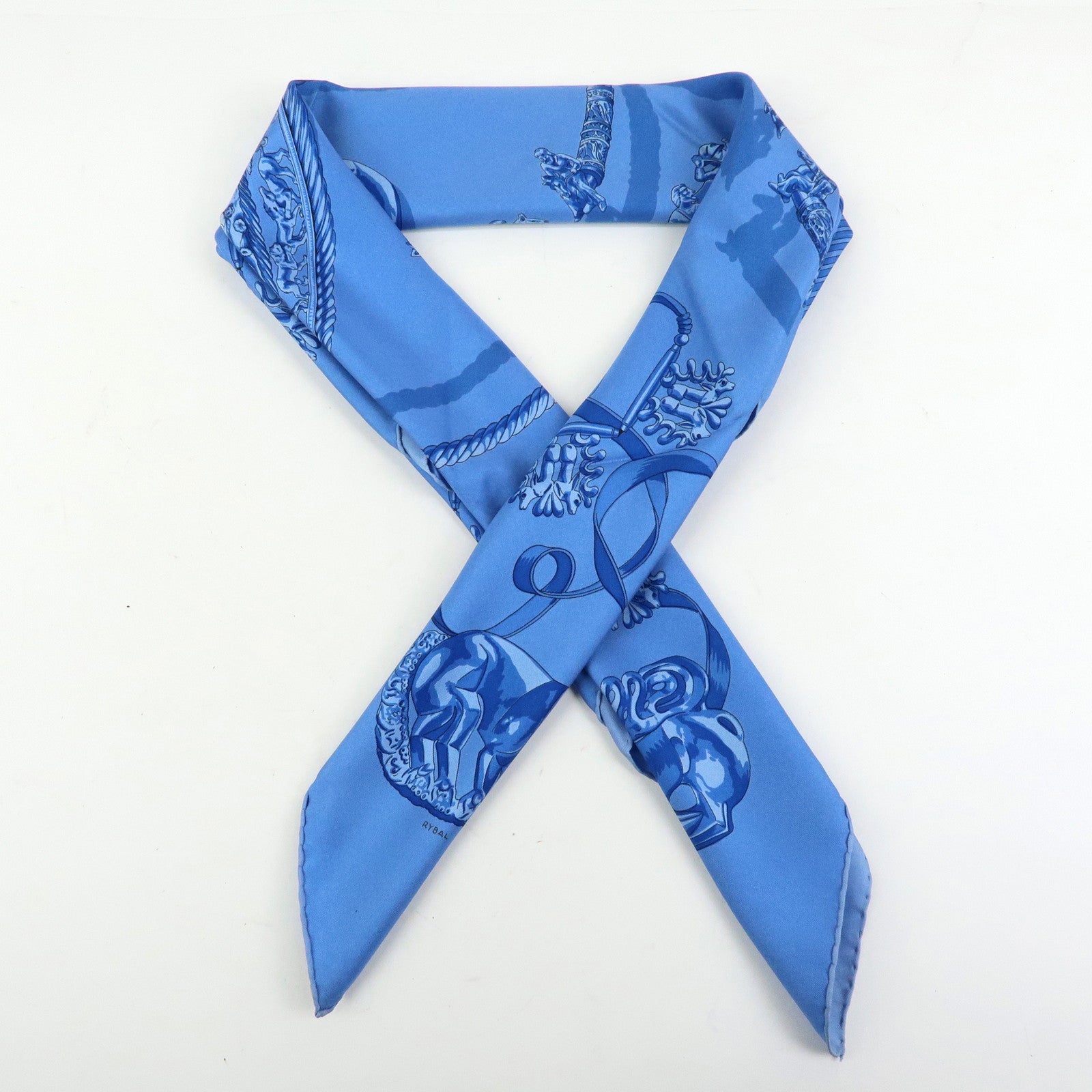 HERMES Carre 90 Silk 100% LES CAVALIERS D'OR Scarf Light Blue