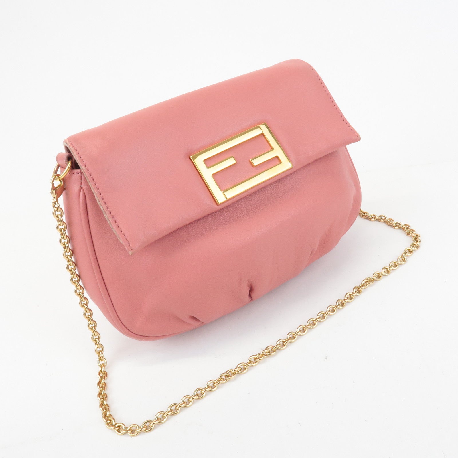 FENDI Leather Chain Shoulder Bag Purse Gold HDW Pink 8M0276 Used