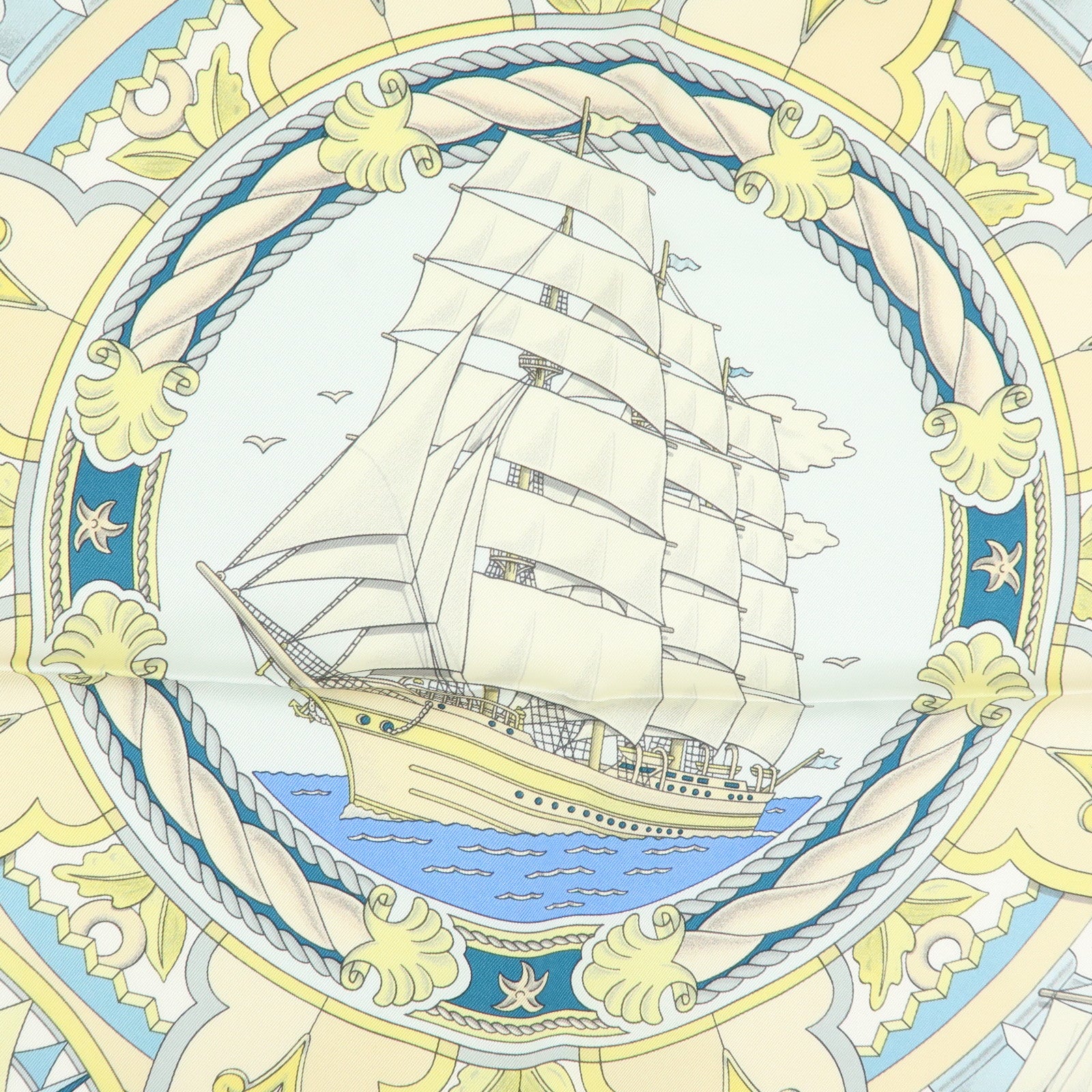 HERMES Carre 90 Silk 100% Scarf  L'AIR MARIN Ship Print Blue Ivory