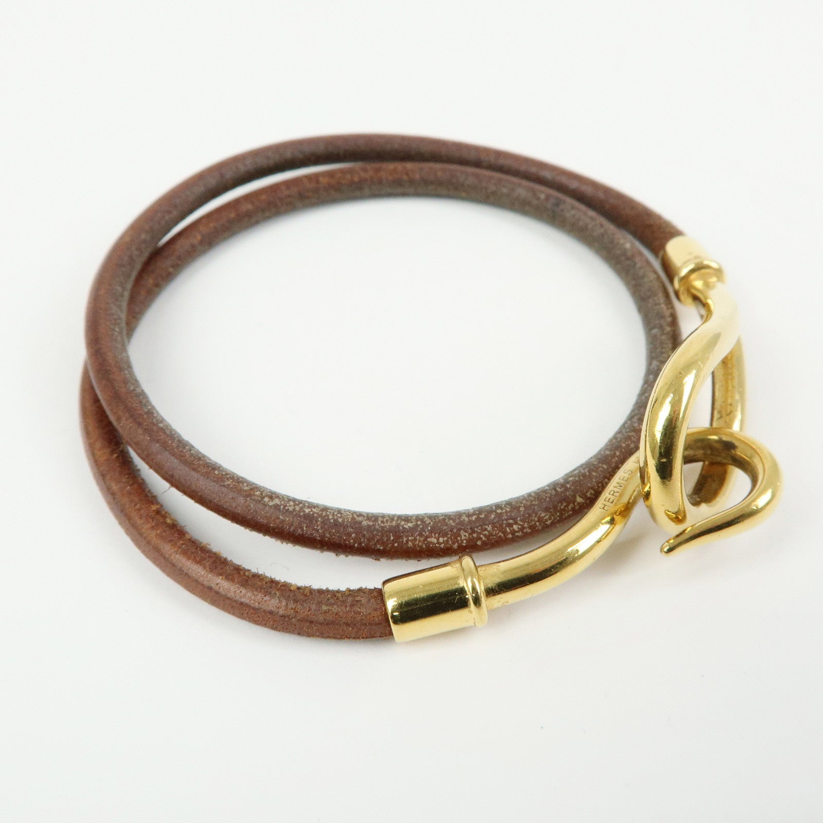 HERMES Jumbo Choker Leather Metal Bracelet Brown Gold