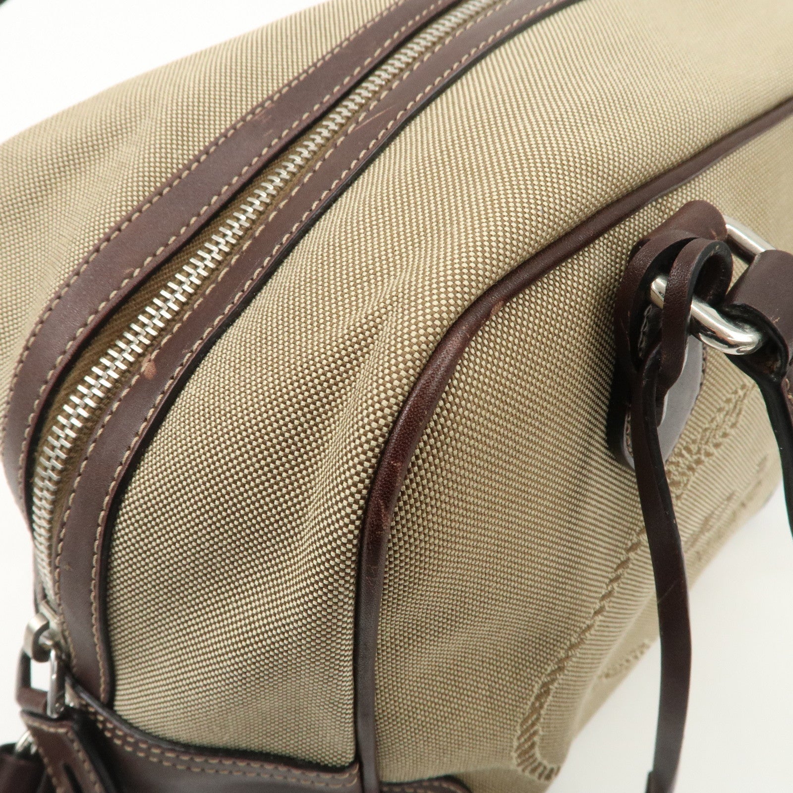 PRADA Logo Jacquard Leather Boston Bag Shoulder Bag Beige BL0260 Used