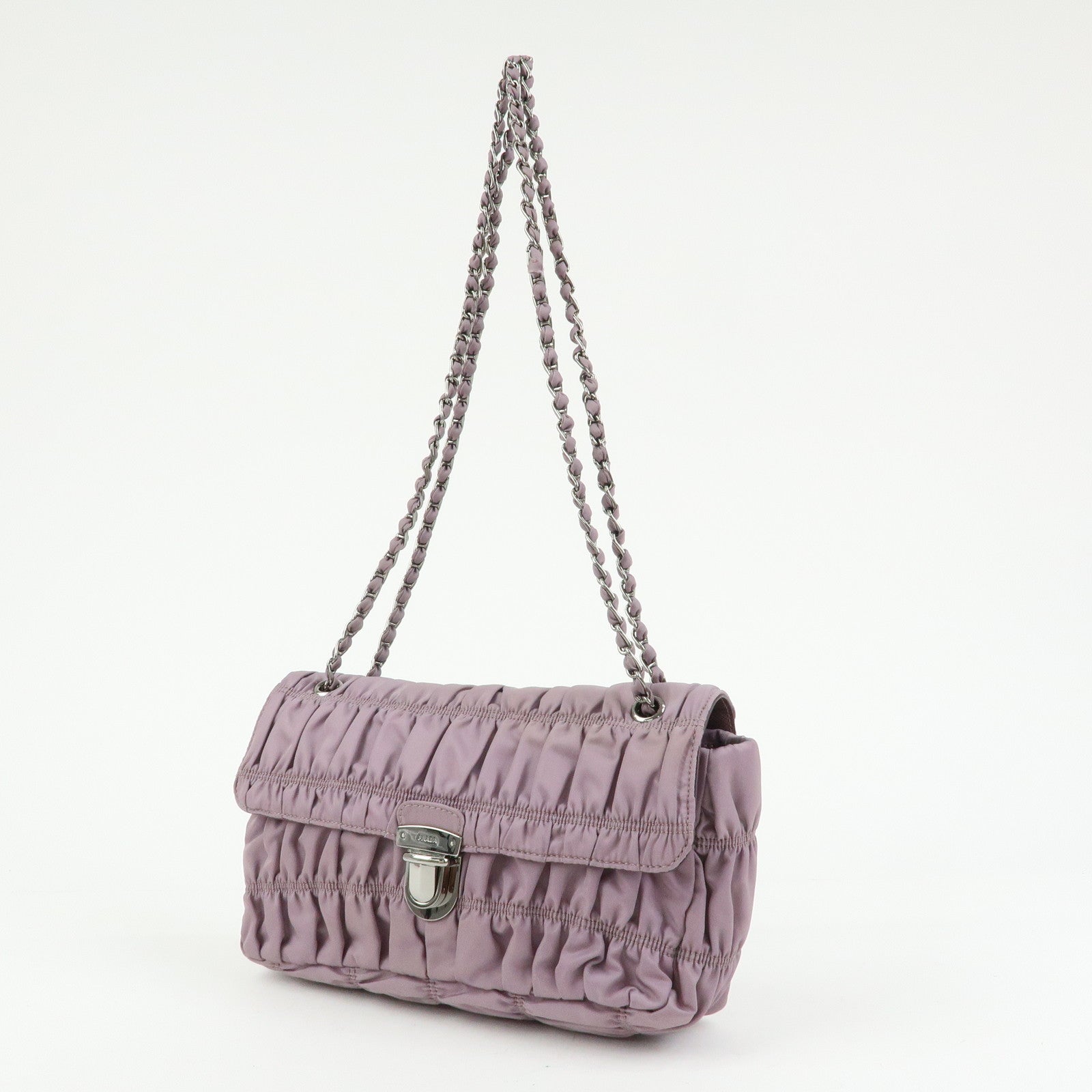 PRADA Tessuto Gaufre Nylon Leather Chain Shoulder Bag Light Purple