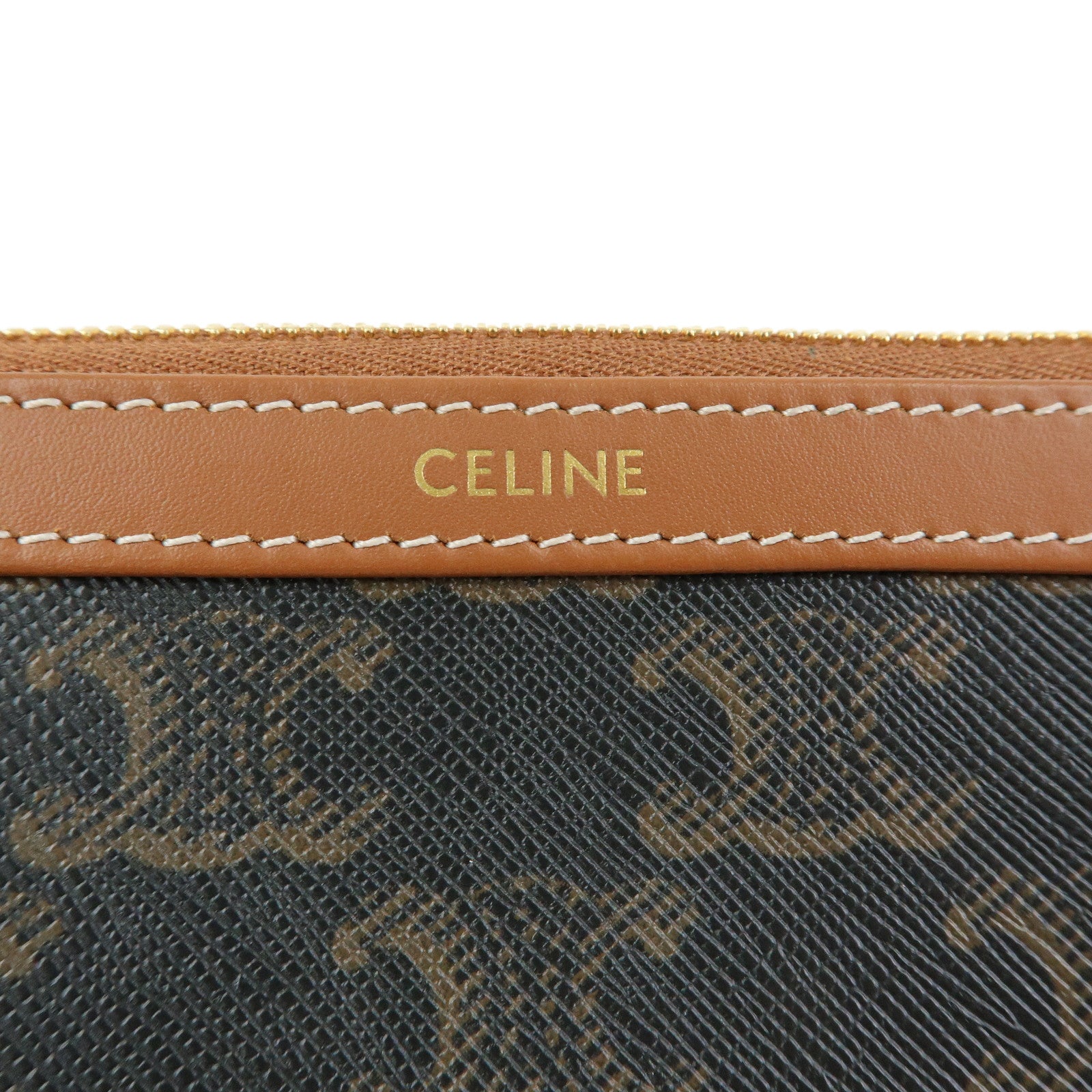 CELINE Triomphe PVC Calf Leather Cosmetic Pouch Tan Dark Brown