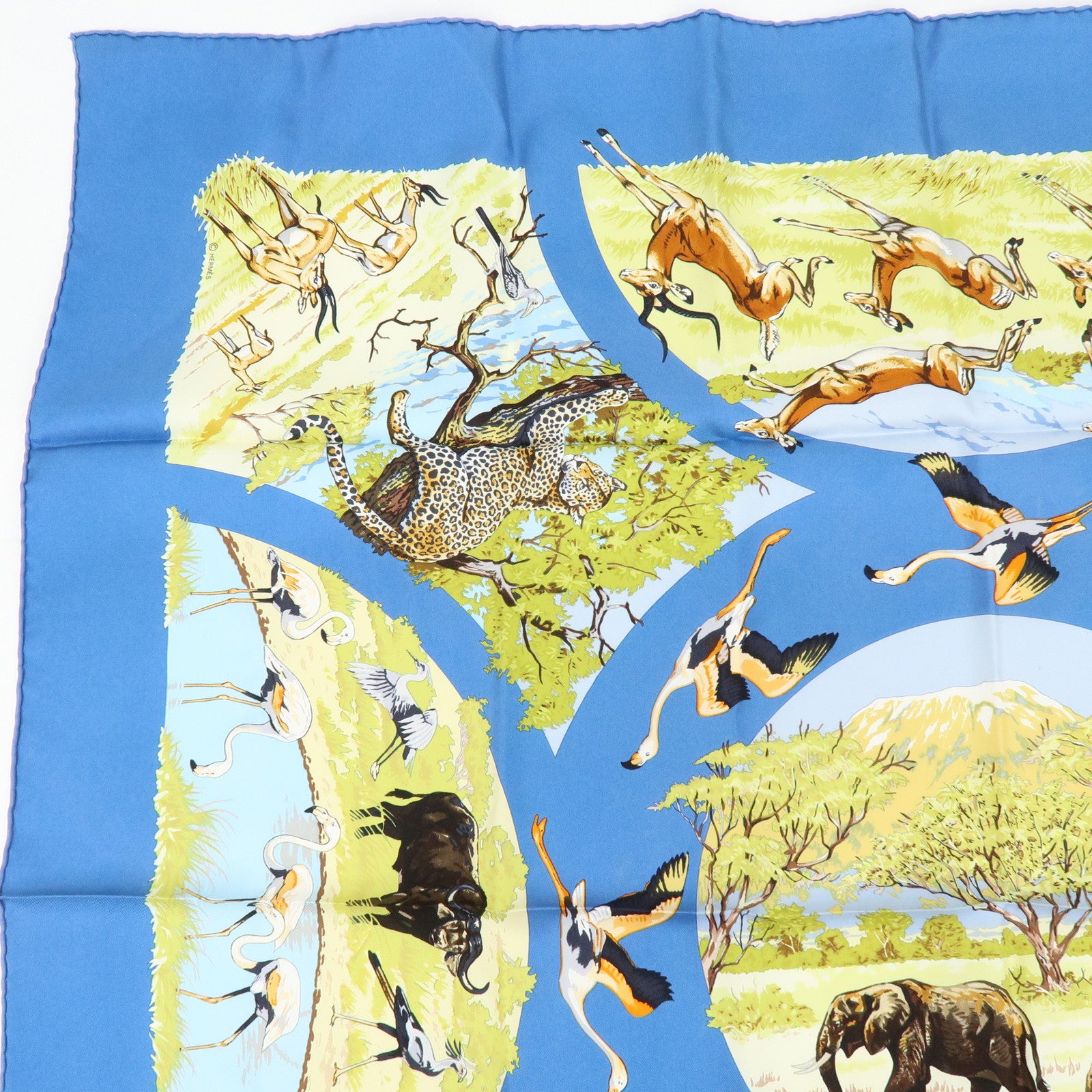 HERMES Carre 90 Silk 100% Scarf Tanzanie Animal Print Blue Green
