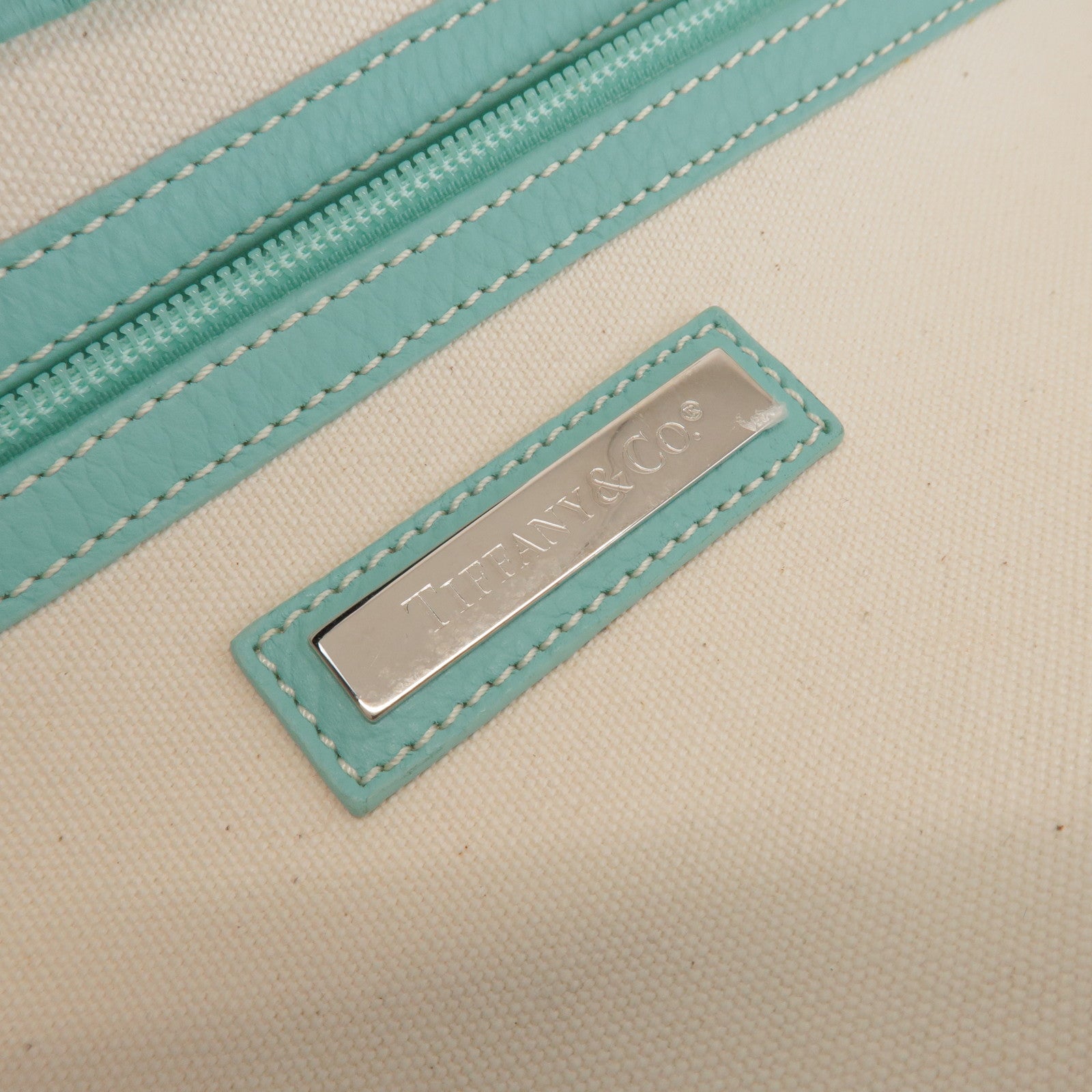 Tiffany & Co Jitney Canvas Leather 2Way Bag Tote Bag Natural Blue