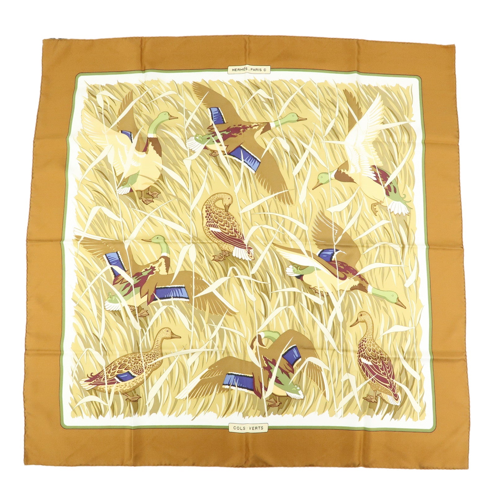 HERMES Carre 90 Silk 100% COLS VERTS Scarf Beige Brown