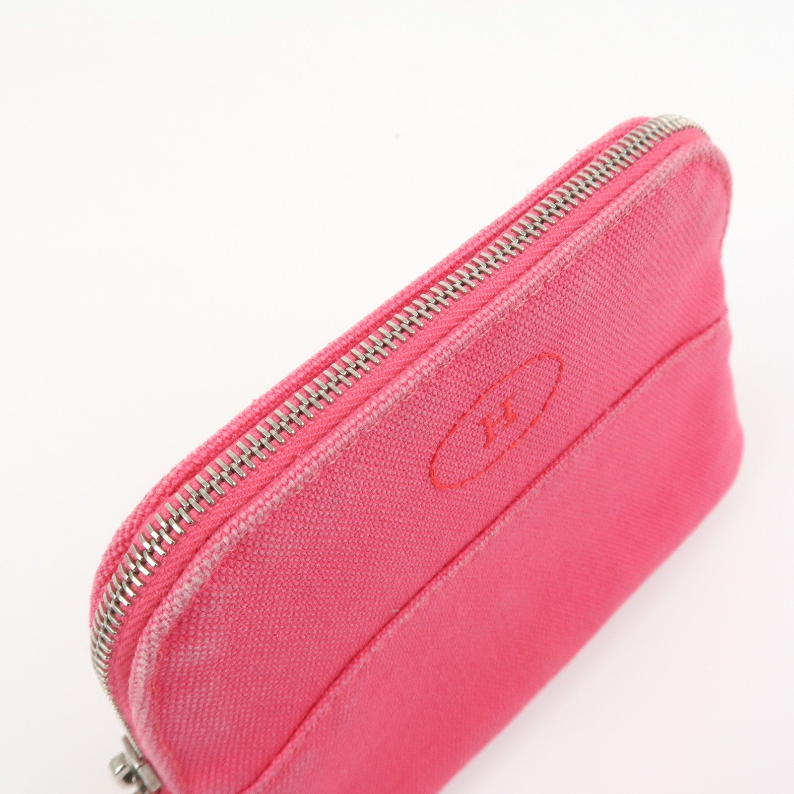 HERMES Canvas Leather Bolide Pouch Cosmetic Pouch Makeup Bag Pink