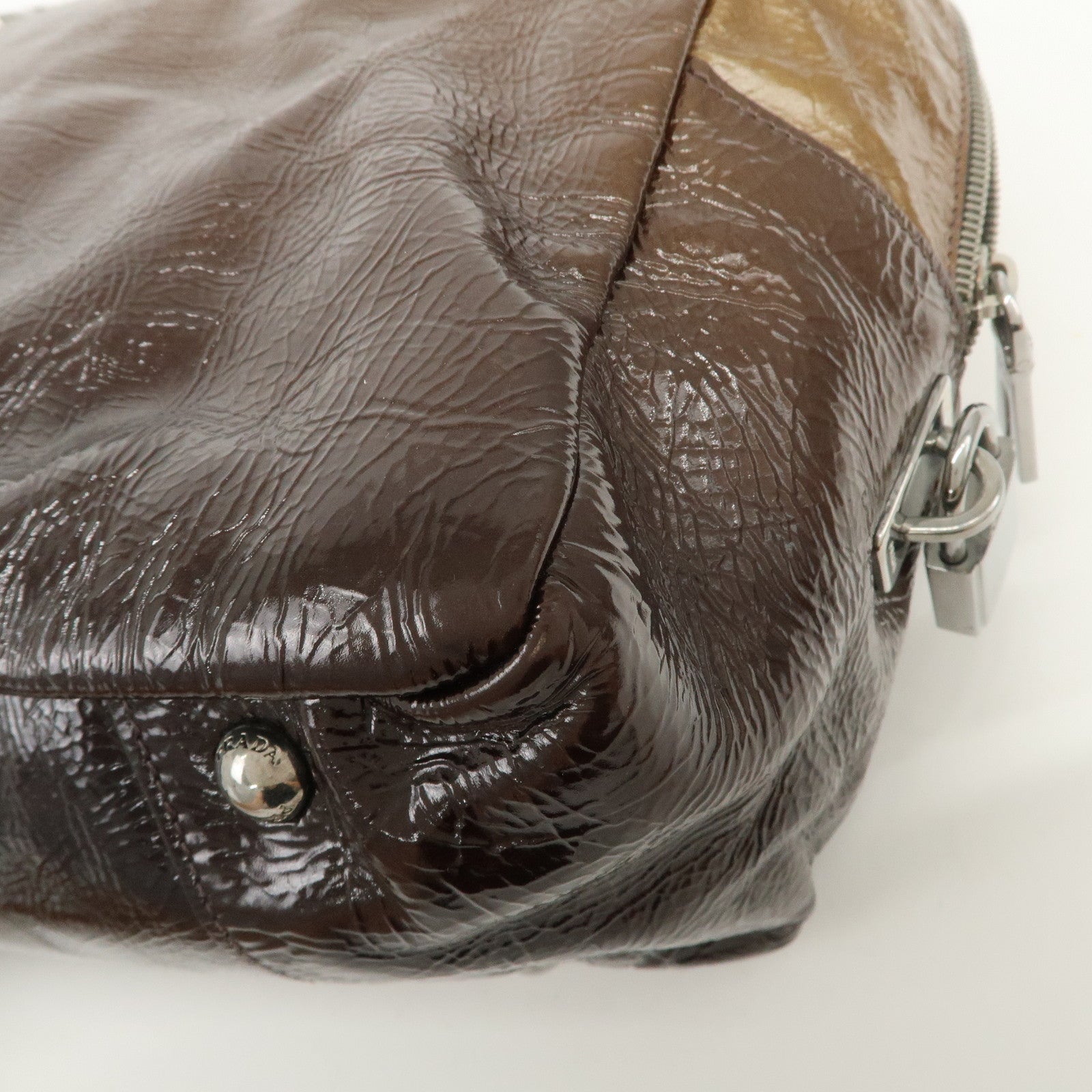 PRADA Logo Patent Leather Hand Bag Boston Bag Brown BL0555