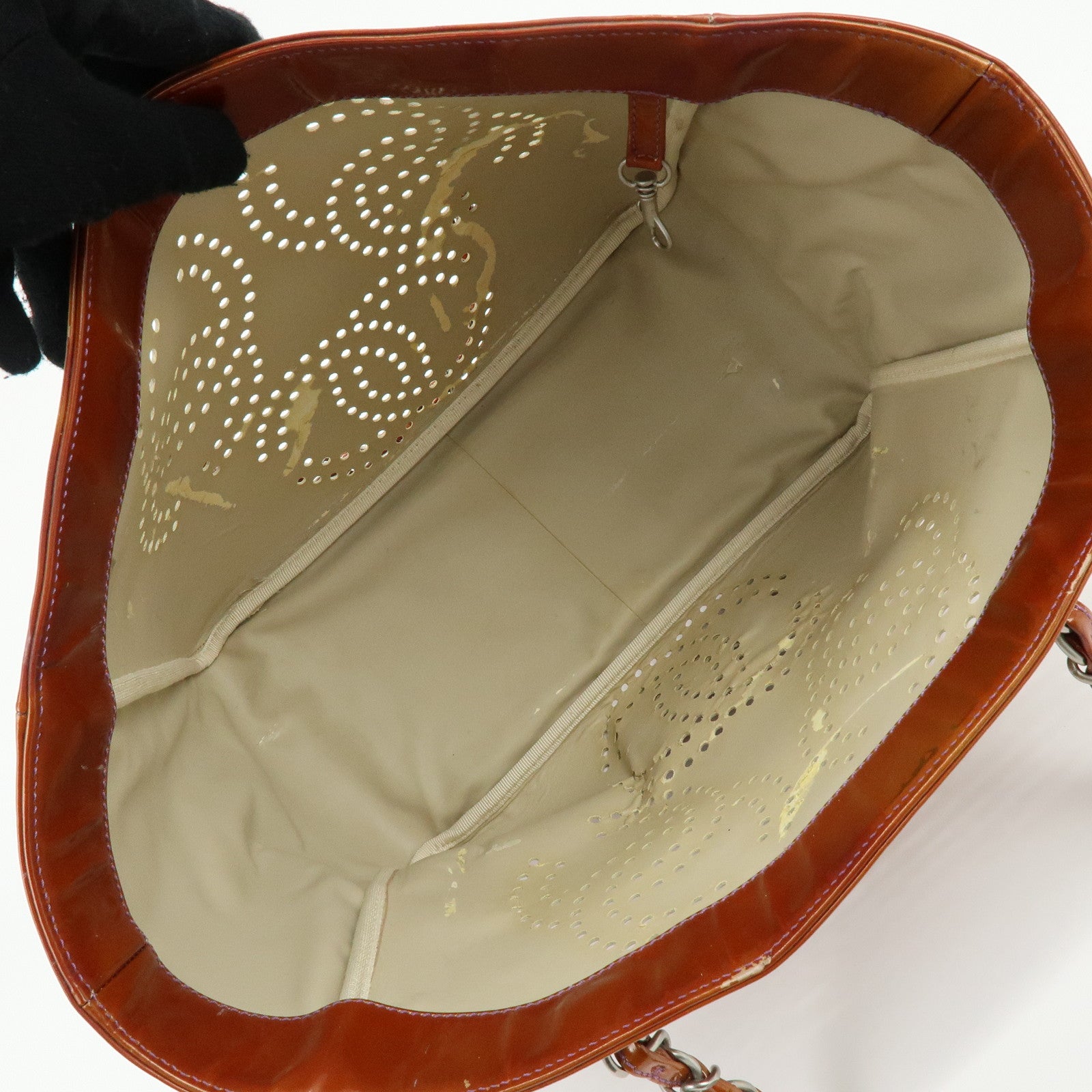 CHANEL Triple COCO Punching Patent Leather Chain Tote Bag A16275