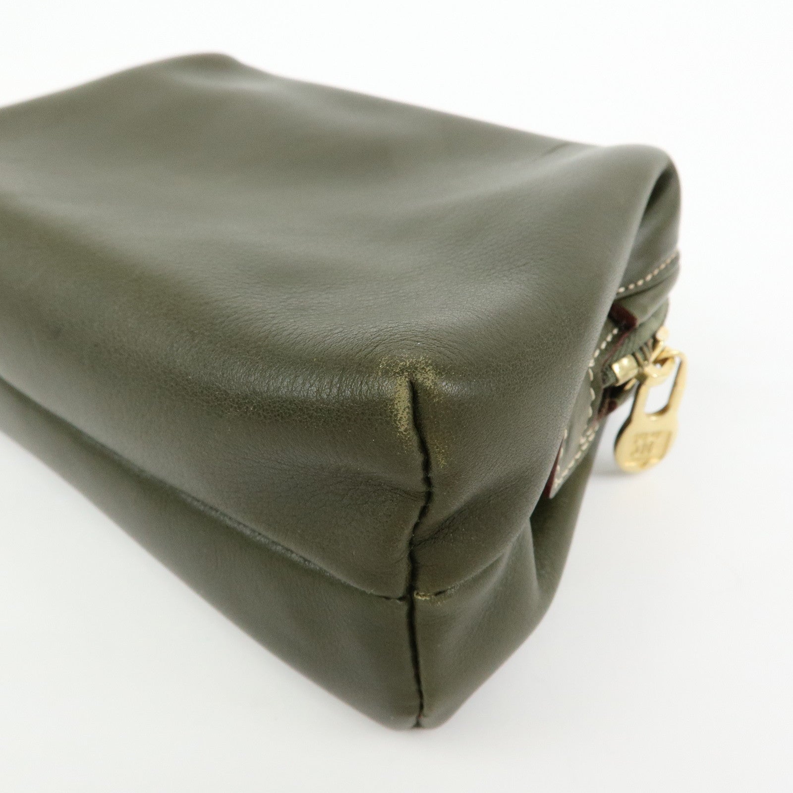 CELINE Logo Leather Accessory Pouch Cosmetic Case Khaki