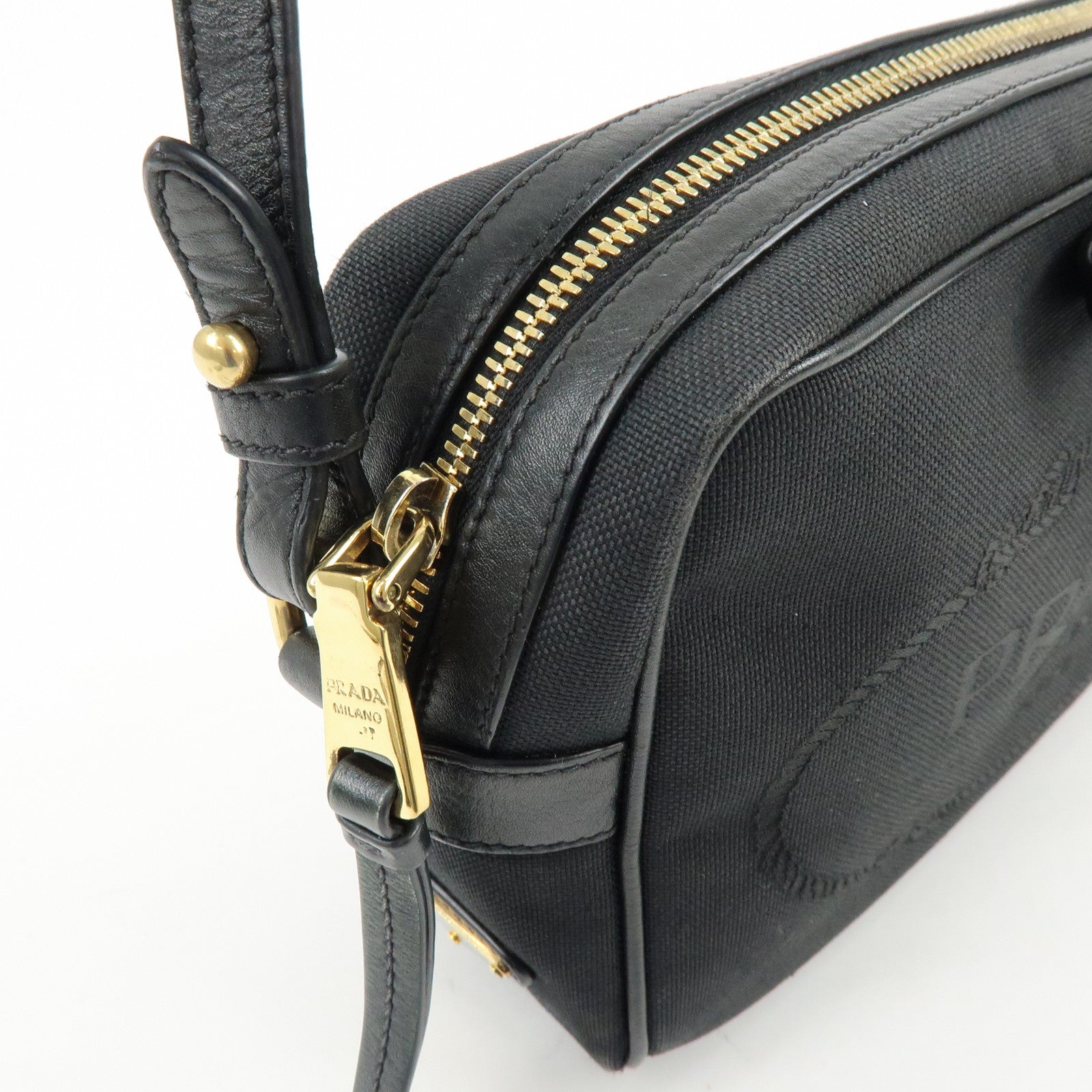 PRADA Triangle Logo Jacquard Leather Shoulder Bag Black 1BH089