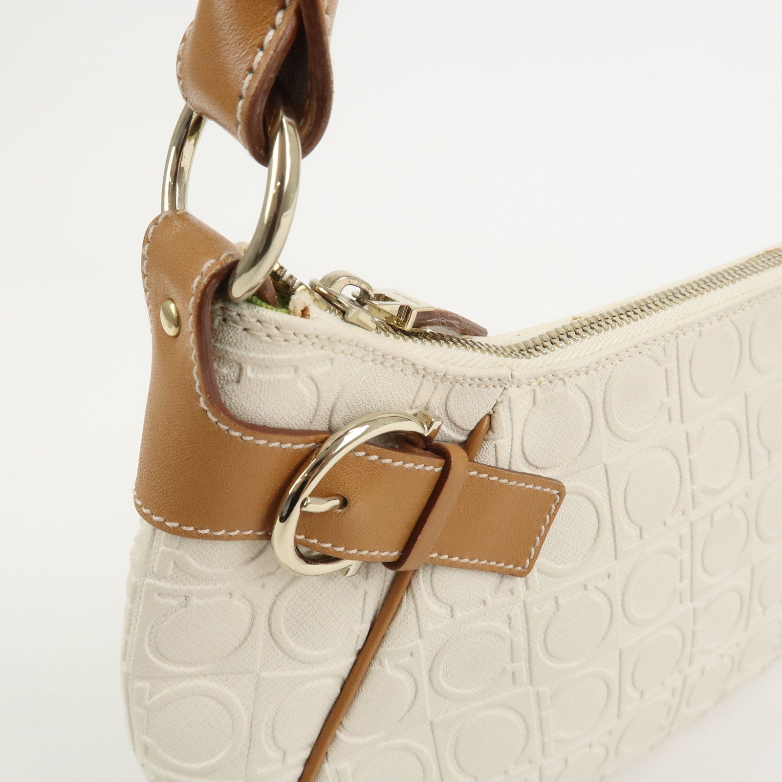 Ferragamo Gancini Logo Leather Shoulder Bag Hand Bag White