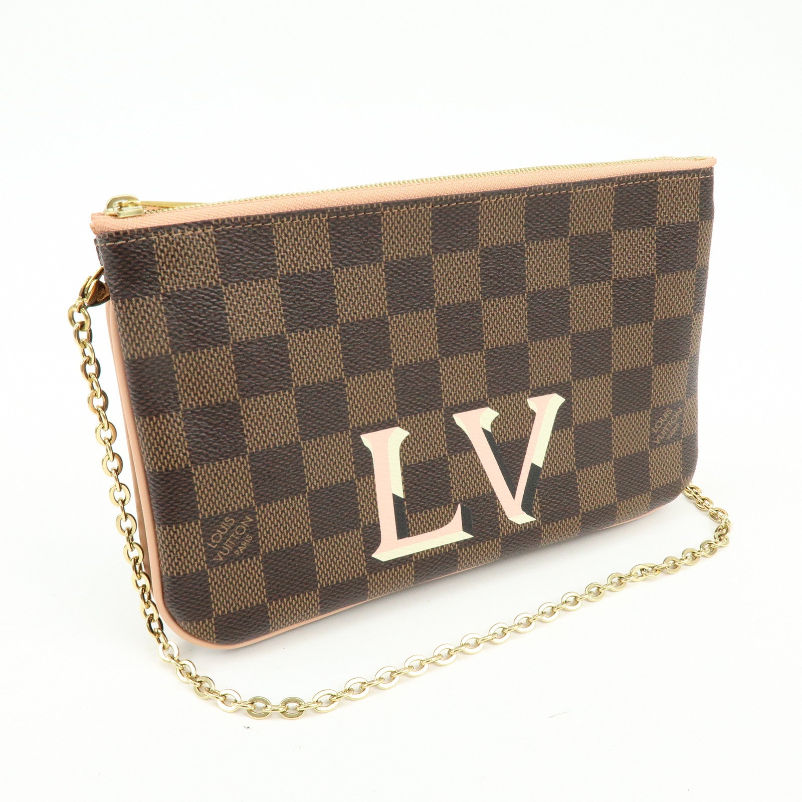 Louis Vuitton Damier Ebene Pochette Double Zip Rose BallerineN60254