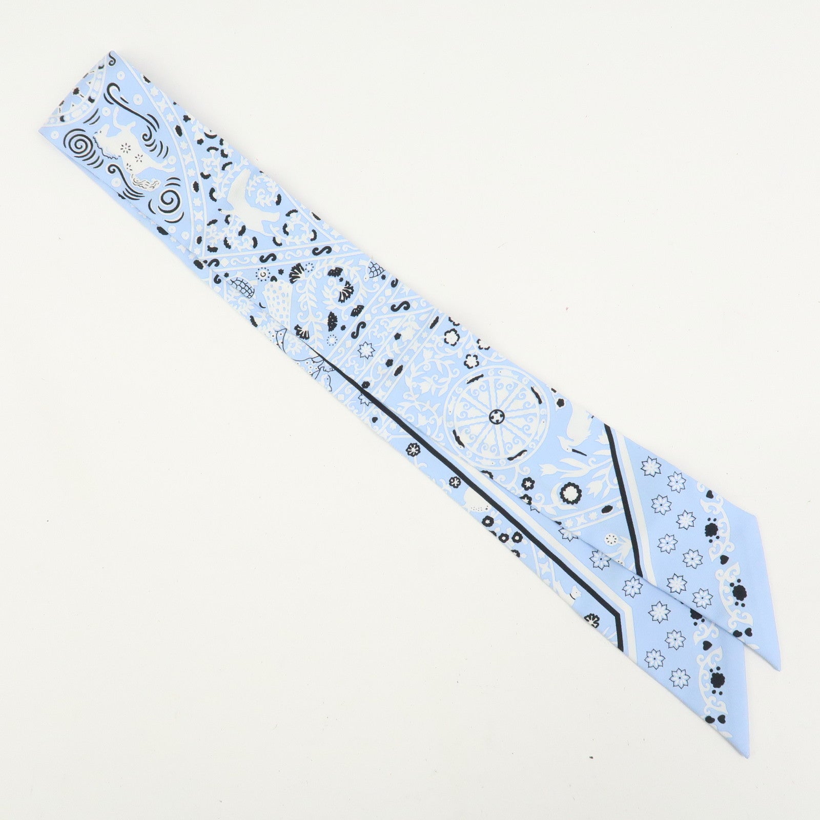 HERMES Twilly Silk 100% Scarf PEUPLE DU VENT Light Blue Black White