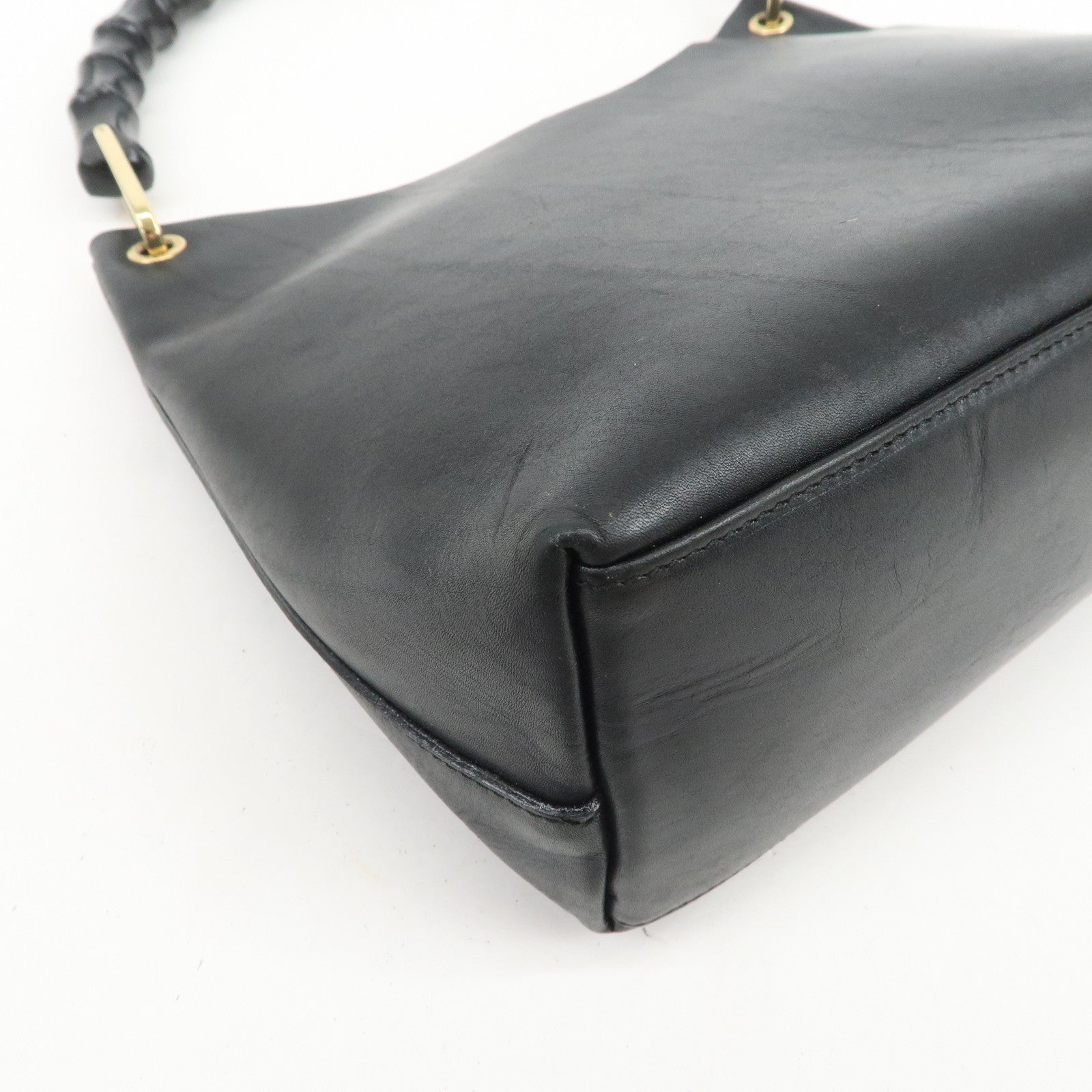 GUCCI Bamboo Leather Shoulder Bag Hand Bag Black Gold