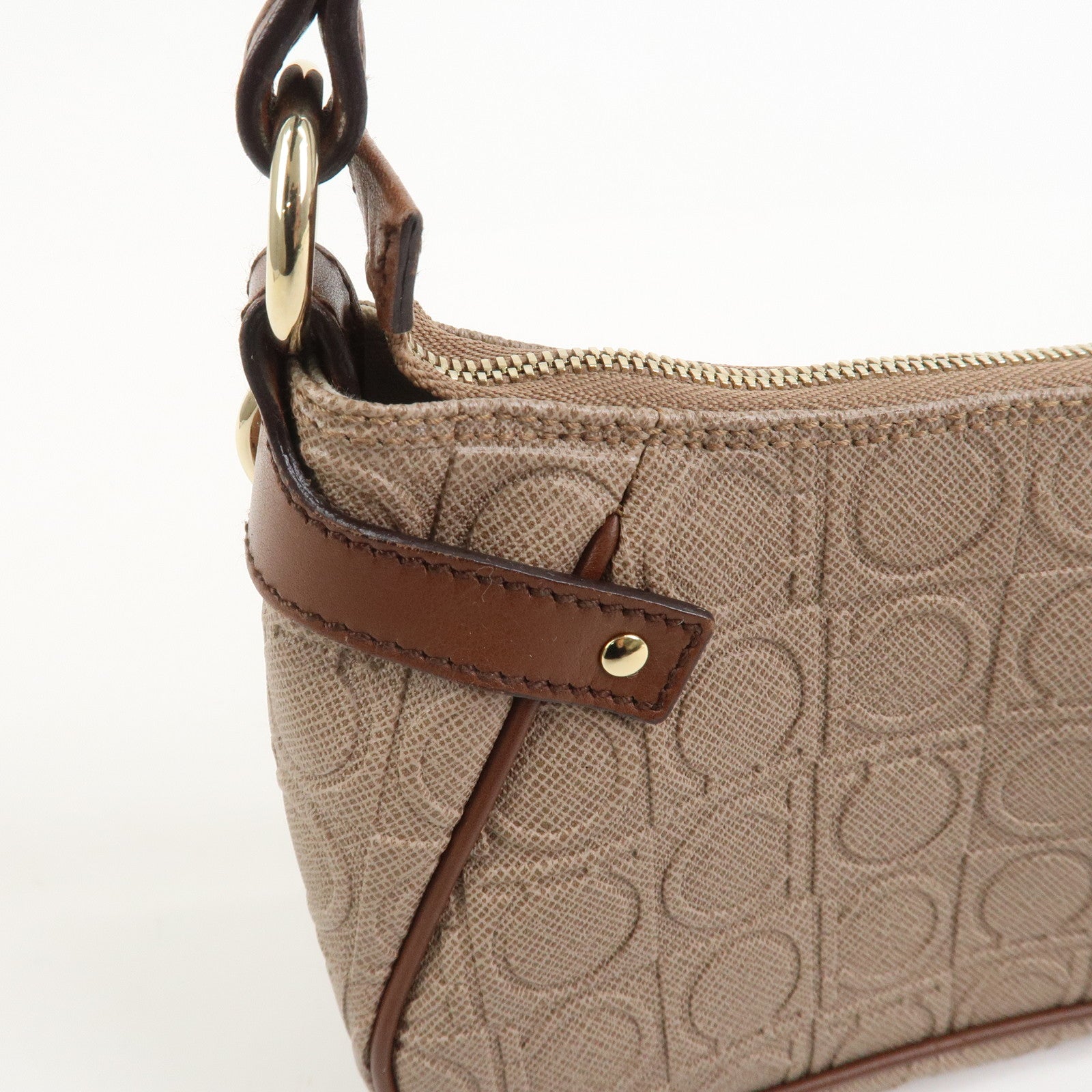 Ferragamo Gancini PVC Canvas Leather Shoulder Bag Hand Bag Brown