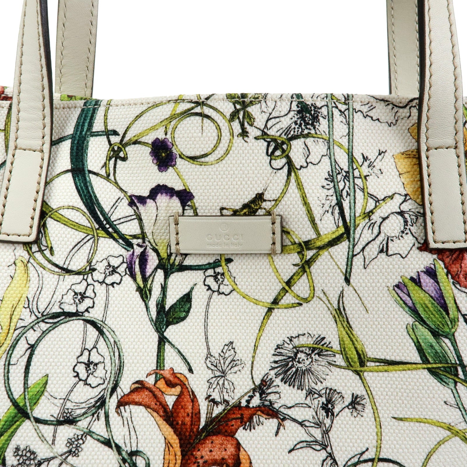 GUCCI Flora Canvas Leather Flower Tote Bag Hand Bag White 282439