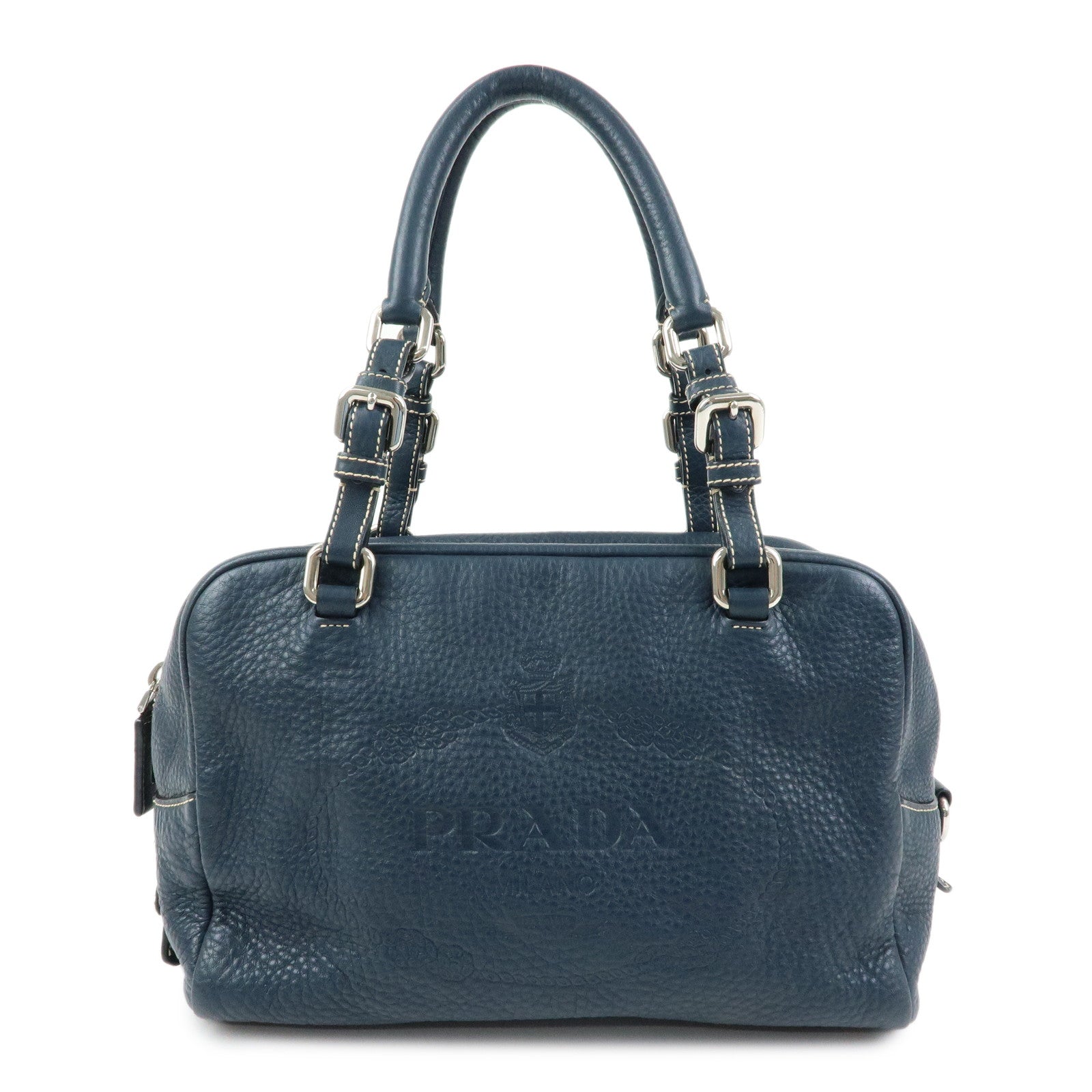 PRADA Calf Leather Boston Bag Shoulder Bag Hand Bag Navy BR3091
