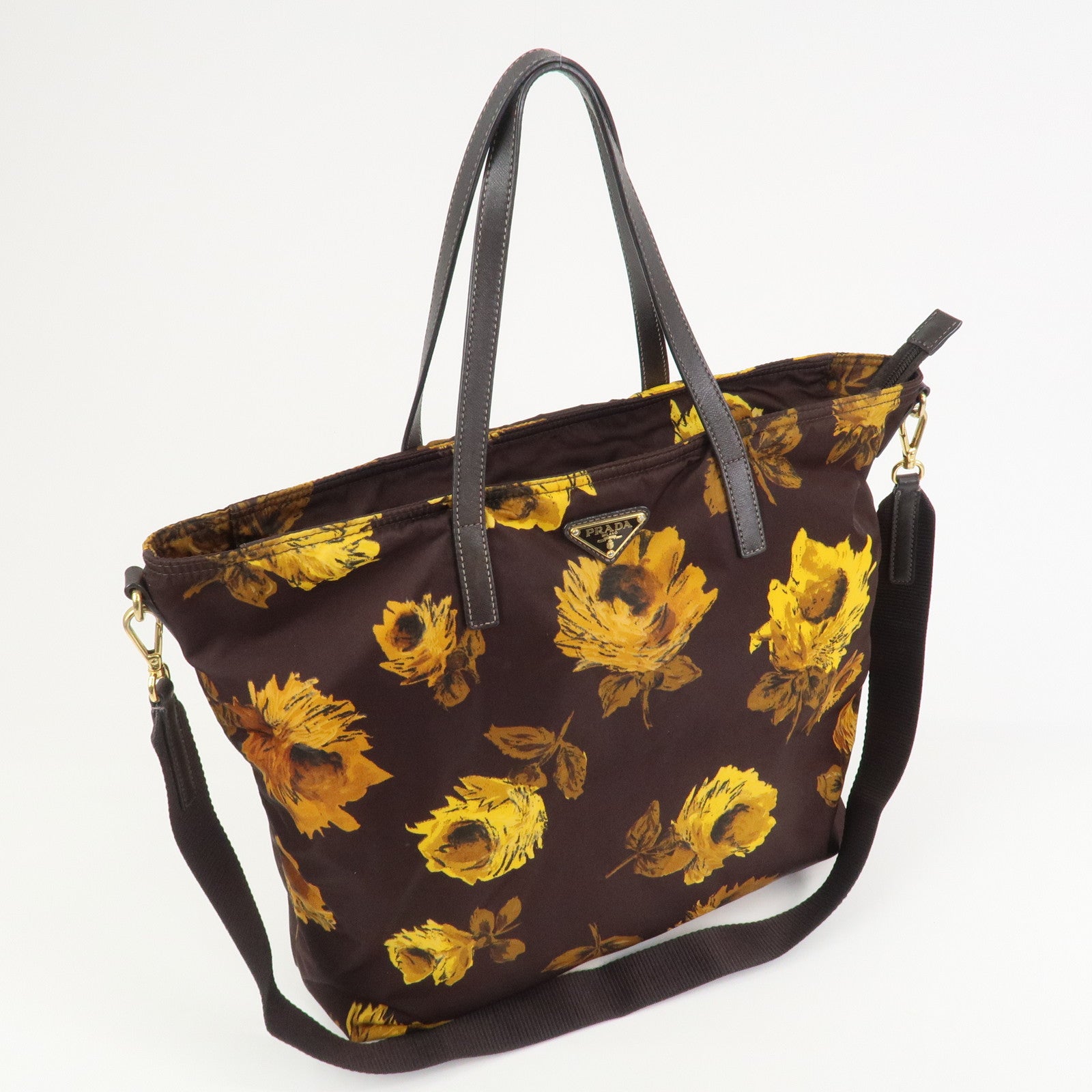 PRADA Triangle Logo Nylon Leather 2Way Shoulder Bag Flower Print