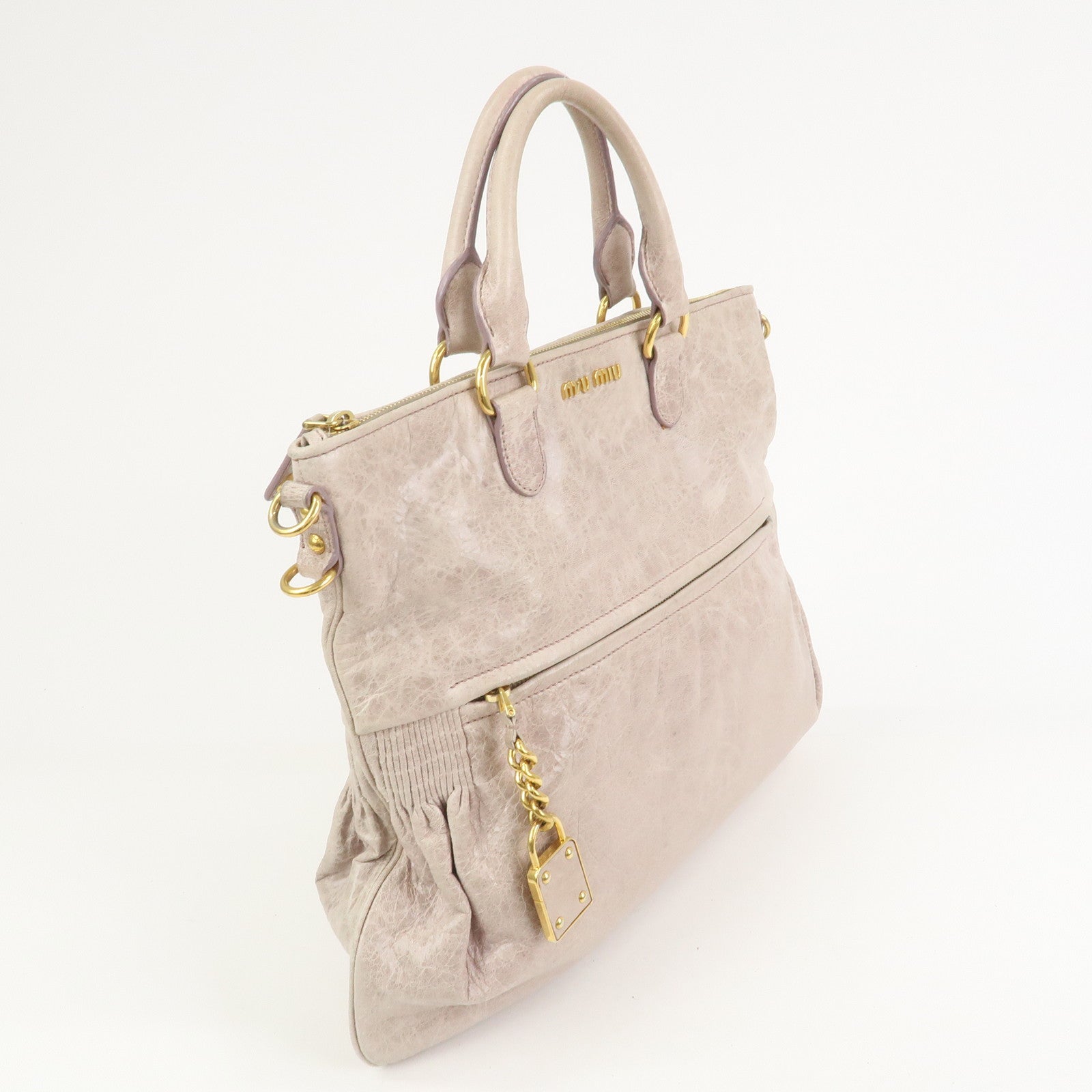 MIU MIU Logo Leather  2Way Bag Hand Bag Shoulder Bag Ivory