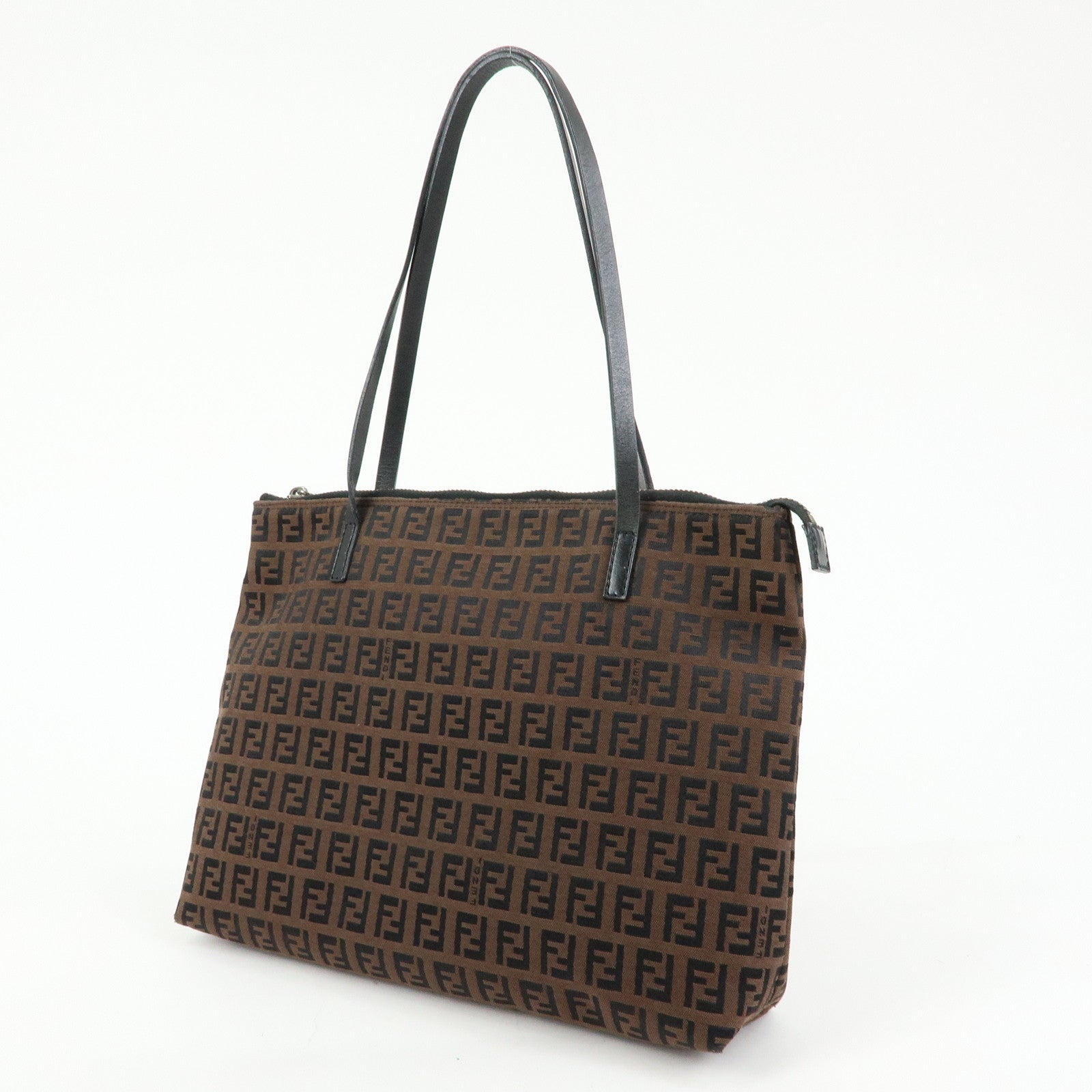 FENDI Zucchino Canvas Leather Tote Bag Hand Bag Brown Black 8BH022