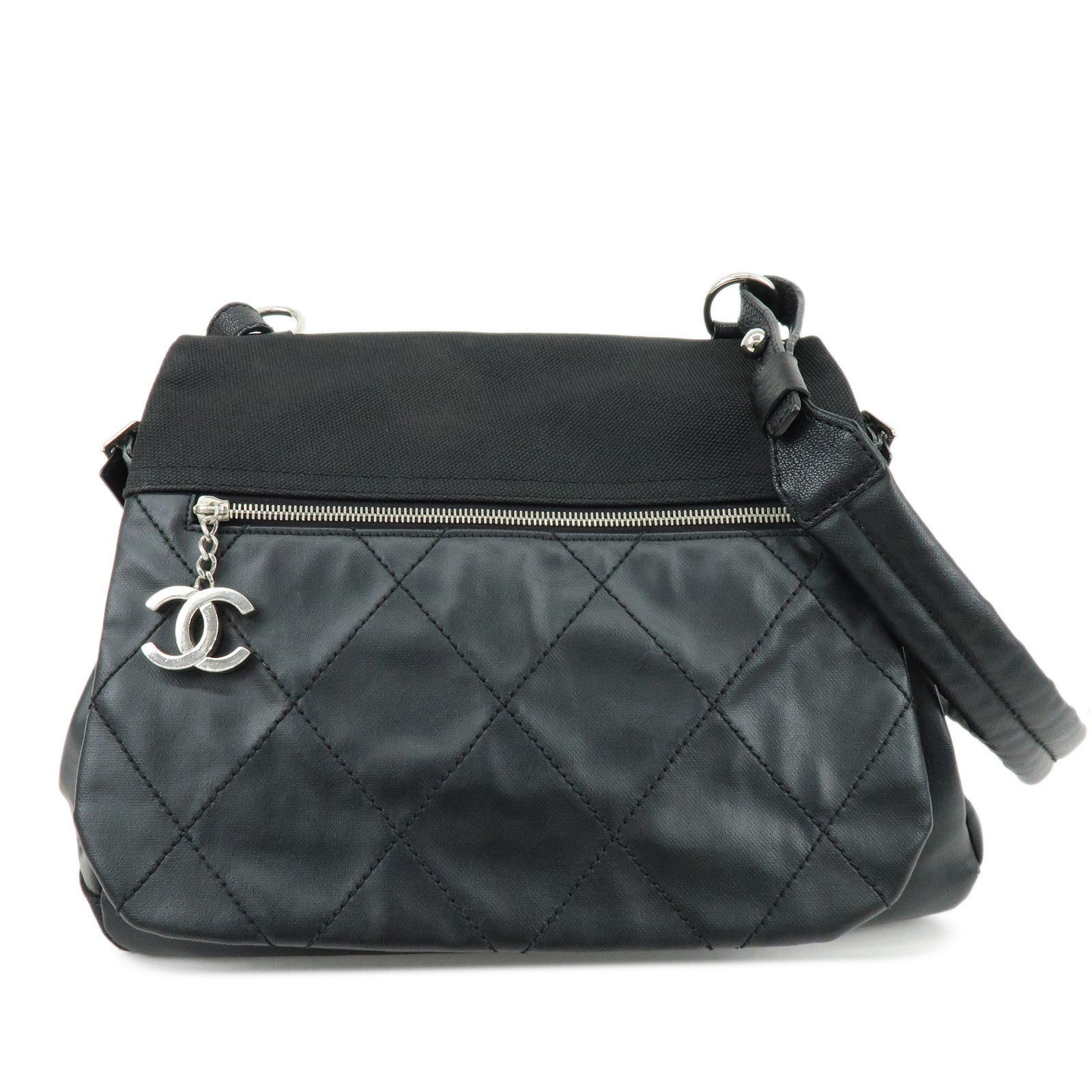CHANEL Paris Biarritz PVC Coated Canvas Leather Shoulder Bag Black